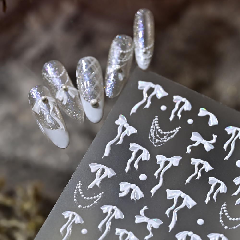 Bow Nail Stickers 5D Embossed White Bowknot Nail Art Stickers 3D Self-Adhesive Laser Ribbon Nails Supplies White Bead Necklace Nail Decals Stickers Cute Nail Designs for Women DIY Manicure 1 Sheet