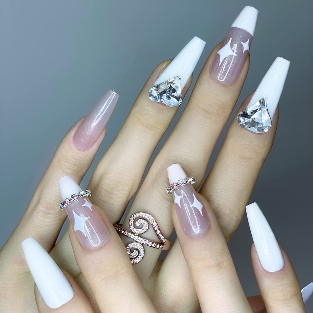 Redykat 24PCS Glittery Sparkling Rhinestone Coffin Press On Nails, Salon Quality Nail Art, Mix Match Extra Long Glossy Acrylic False Nails,Home Quick Manicure (starry French finger tip)