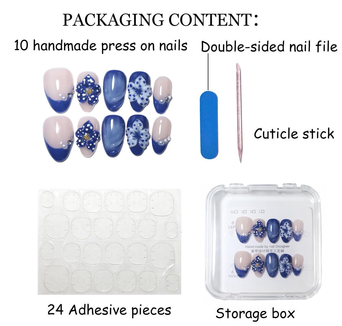 10Pcs Short Almond Handmade Press On Nails | Nude Pink & Royal Blue French Tip with 3D Floral, Pearl & Rhinestone Decor | Reusable Salon-Quality Fake Nails for Women and Girls(PZ02, XS)