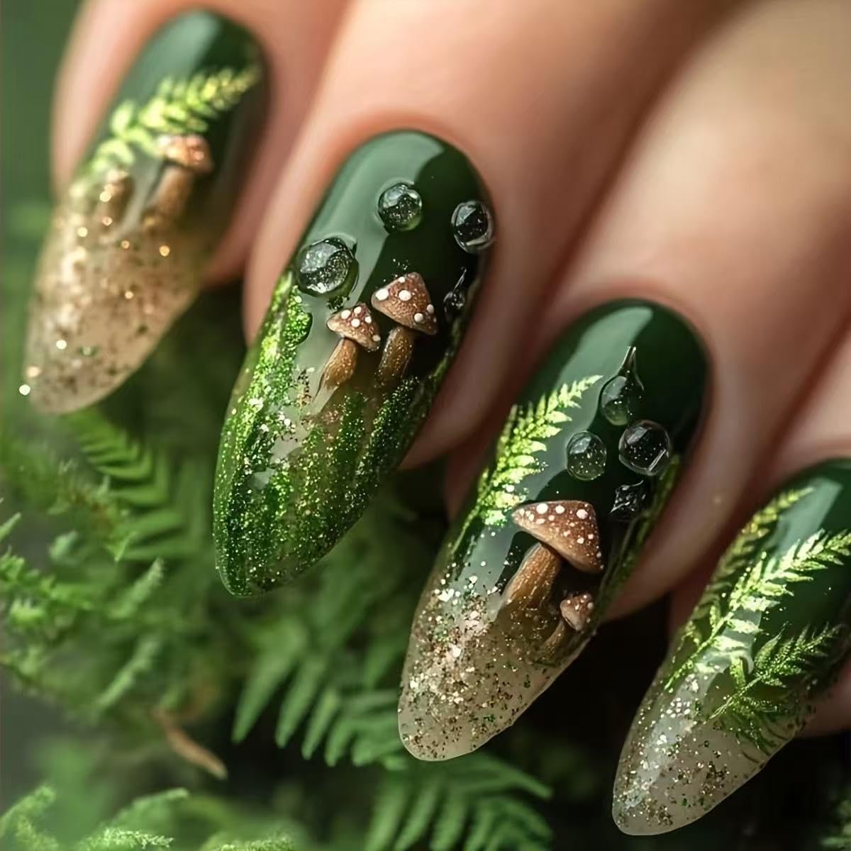 24Pcs Almond Press on Nails Medium Length Fake Nails Summer Leaf Green False Nails with Glitter Designs Mushroom Glue on Nails Full Cover Glossy Stick on Nails Cute Acrylic Fake Nails