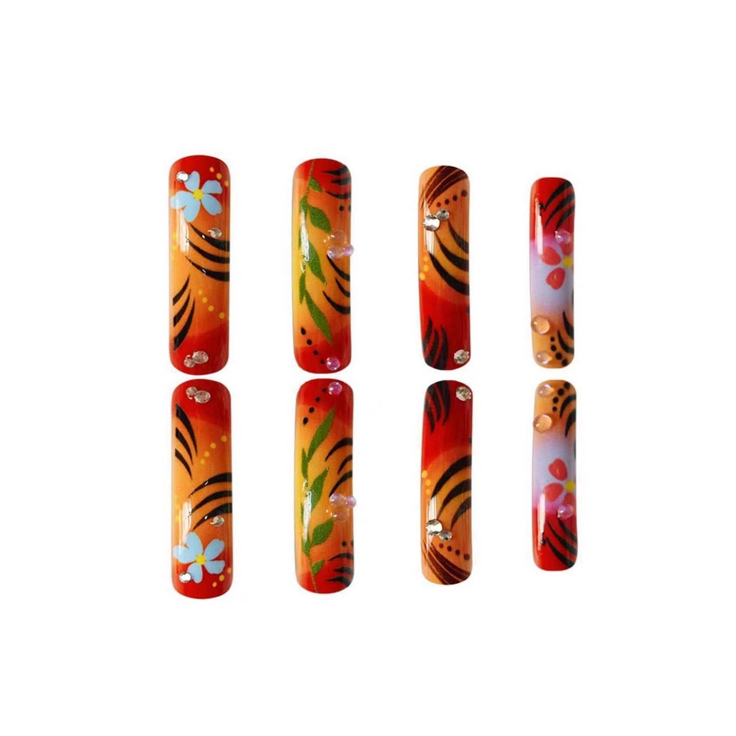 Curved Press on Nails Extra Long Square Fake Nails Full Cover Orange with Flower designs Rhinestones Press ones Glossy Curve Fake Nails Reusable Acrylic Glue on Nails for Women Girls Manicure24pcs