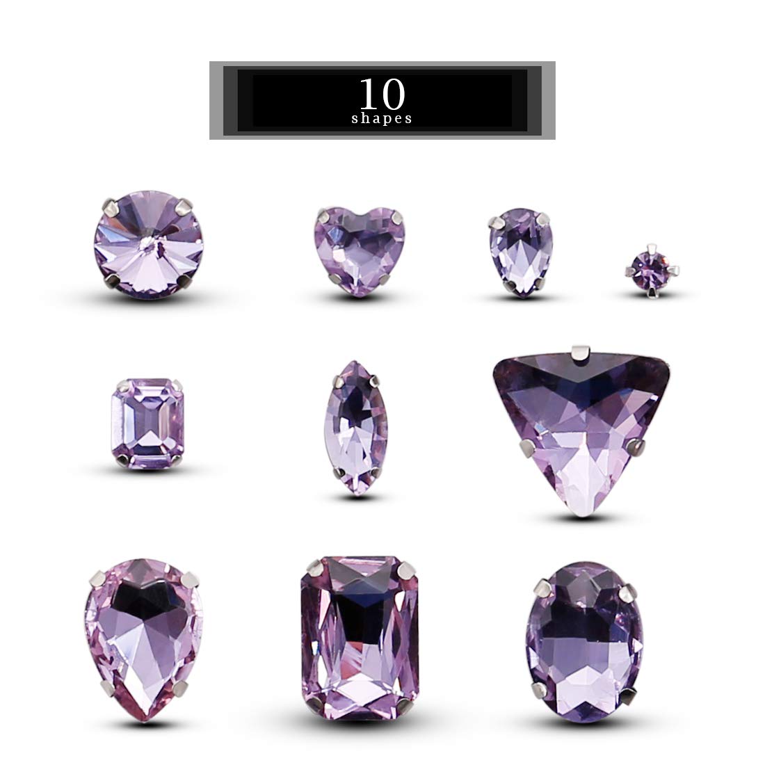 TANOSII Sew on Rhinestones 100 PCS Mixed Shapes Glass Rhinestones Sew on Crystal Gems Mental Flatback with Silver Claw for Jewelry Crafts Clothes Shoes Costume Garment Light Purple