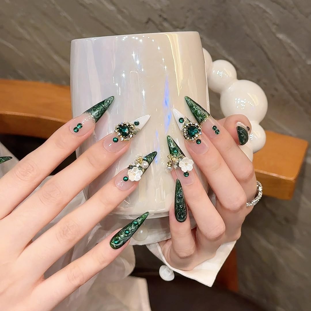 JIEADJIE Press On Nails (100% Handmade),Length Version,Handmade Painted Nail Art by Nail Technician,Luxury Party and Holiday Styles (White green French, Small)