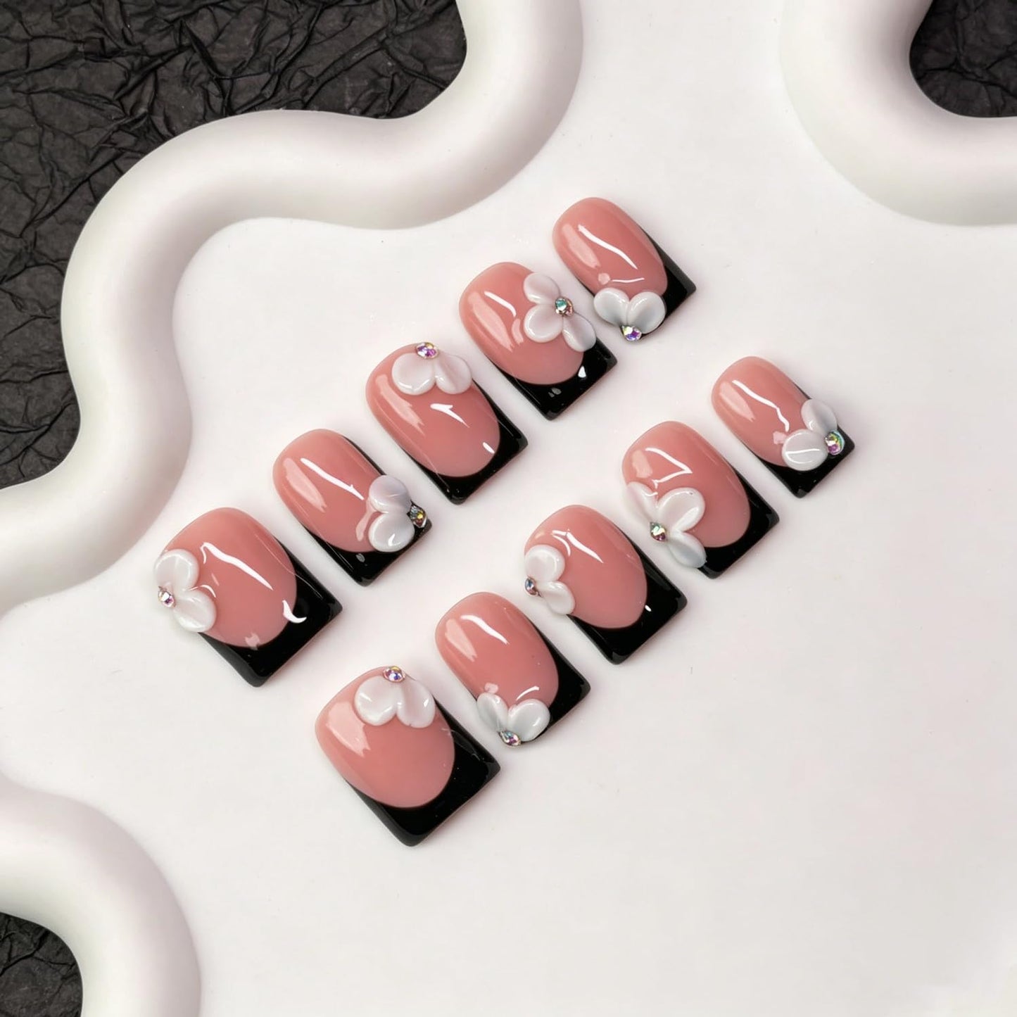 White Flower Press on Nails Handmade Black French Tip Fake Nails with Designs 3D Floral & Rhinestone Accents Short Square Handmade Salon Quality Thick Acrylic Nail Stick on Nails for Women (M）