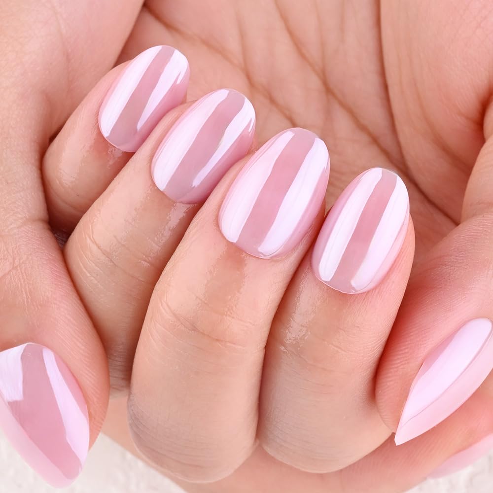 evpct Nude Pink Glazed Press on Nails Short Oval, Short Oval Chrome Metallic Aurora Stick on Nail for Women, Reusable Full Cover Soft Press on Fake Nail Perfectly Fit with Glazed Design Salon Quality