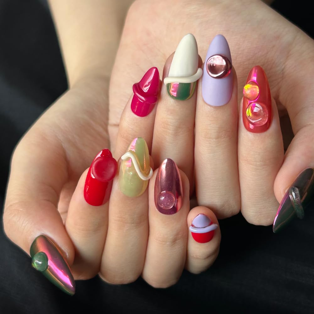 MAGLFELL Handmade Nails Press On Nails Almond Art False Nails Women's Nails Kit (Size M）