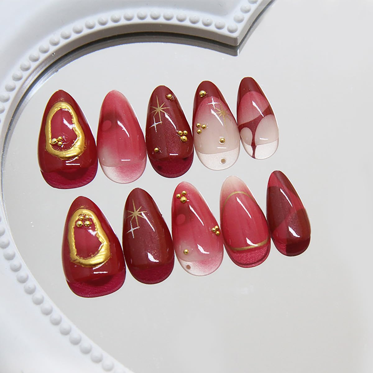 30Pcs Ombre Red Press on Nails Medium Almond Fake Nails 3D Star Rhinestones Glitter Handmade Design Y2K Gold Star Bead Full Cover Stick on Nails Chrome False Nails for Women Acrylic Nail Decorations