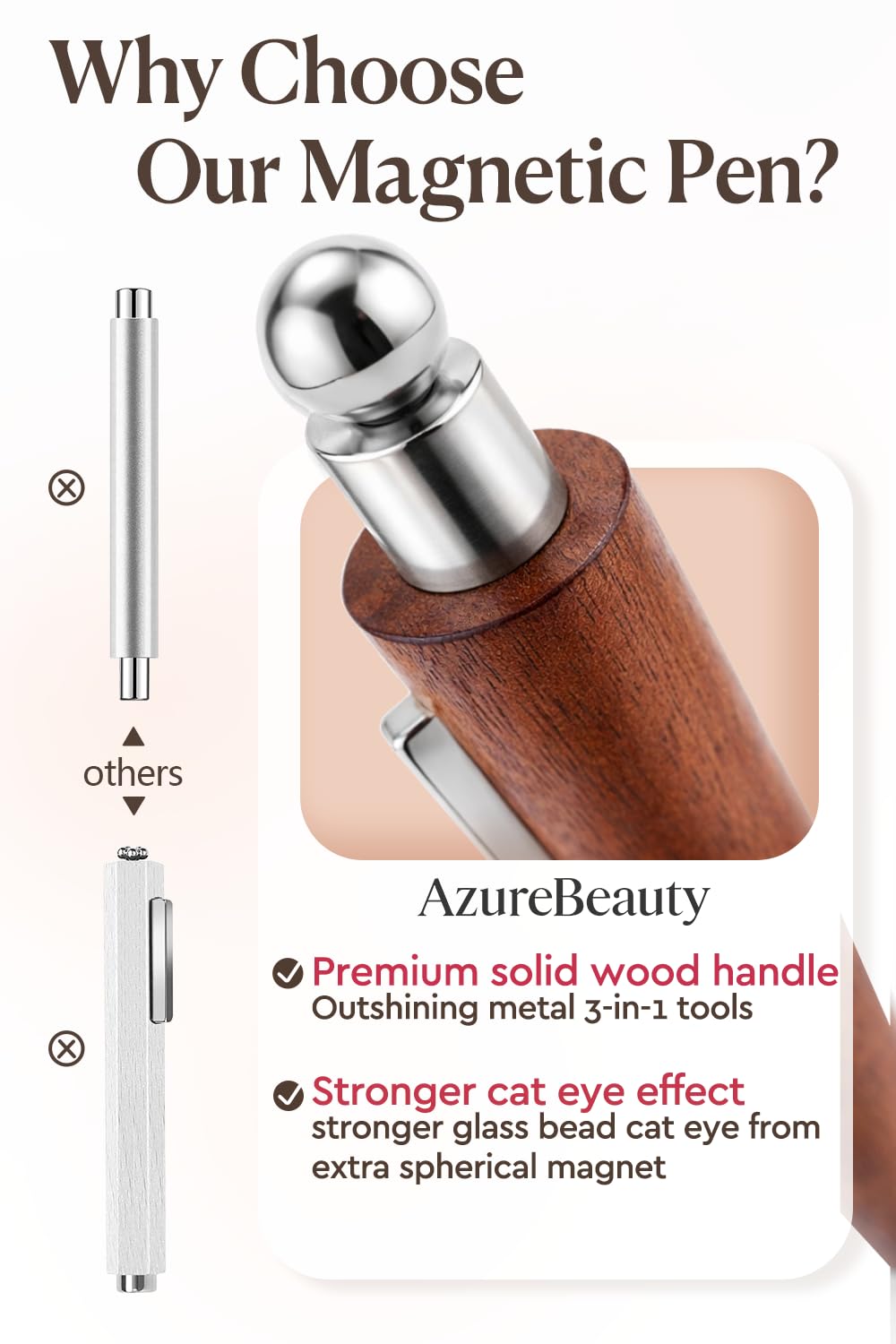 AzureBeauty 4-in-1 Cat Eye Magnet for Nails，Wooden 3-Head Nail Magnet Pens with Round Ball, Multi-Function Nail Magnets for Cat Eye Gel Polish DIY at Home Salon (Magnet Only, No Gel Included)