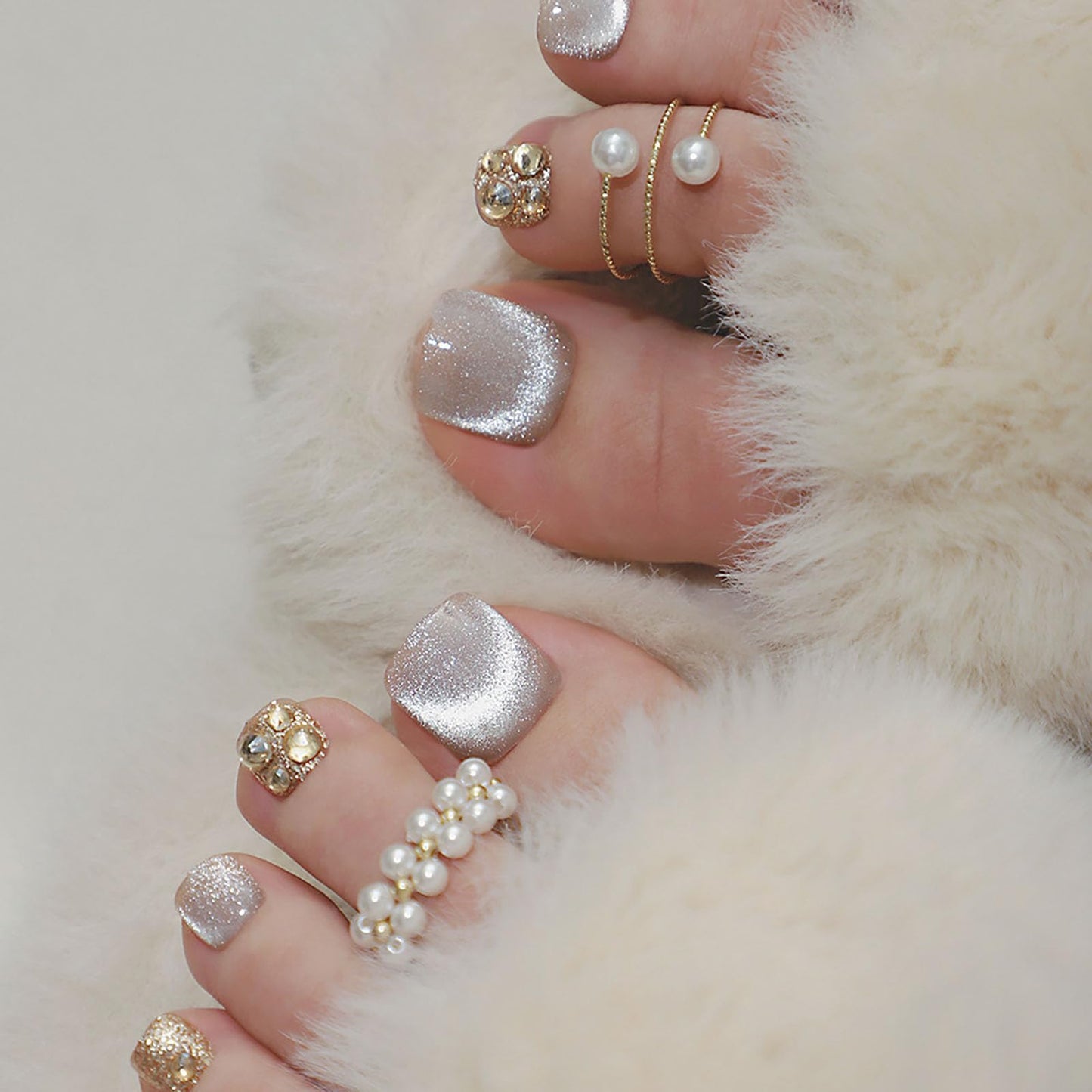 RUOKEXIN Short Press on Toenails Cat Eye Fake Toenails with Gold Rhinestones Designs Square Toe Nail Press ons Sparkly Artificial Nails for Women 24Pcs