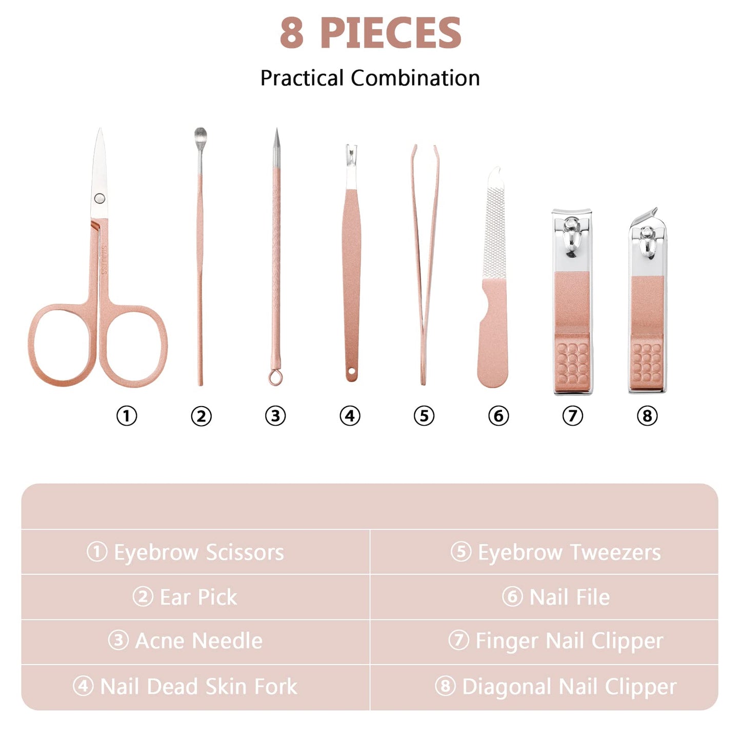Geosar 12 Sets Manicure Set Nail Clippers Pedicure Kit 8 in 1 Grooming Stainless Steel Kits Nail Care Tools with Travel Case for Employee Coworker Teachers Nurse Gifts(Rose Gold)