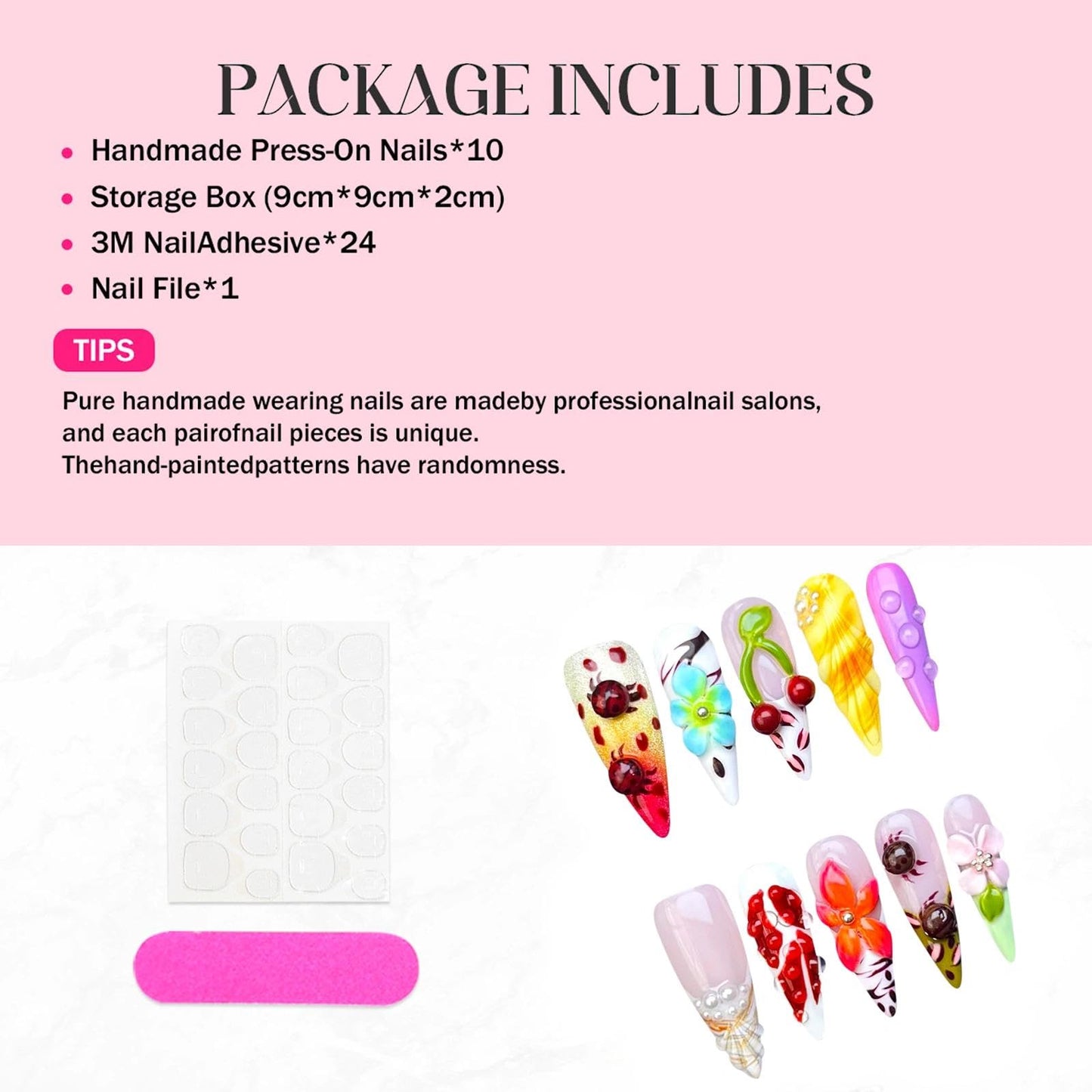 Handmade 3D Sweet Retro 3D Floral Stiletto Press On Nails, Playful Colorful Rhinestone Artisan Nails Set, Reusable Glossy Press-ons with Tool Kit(M)