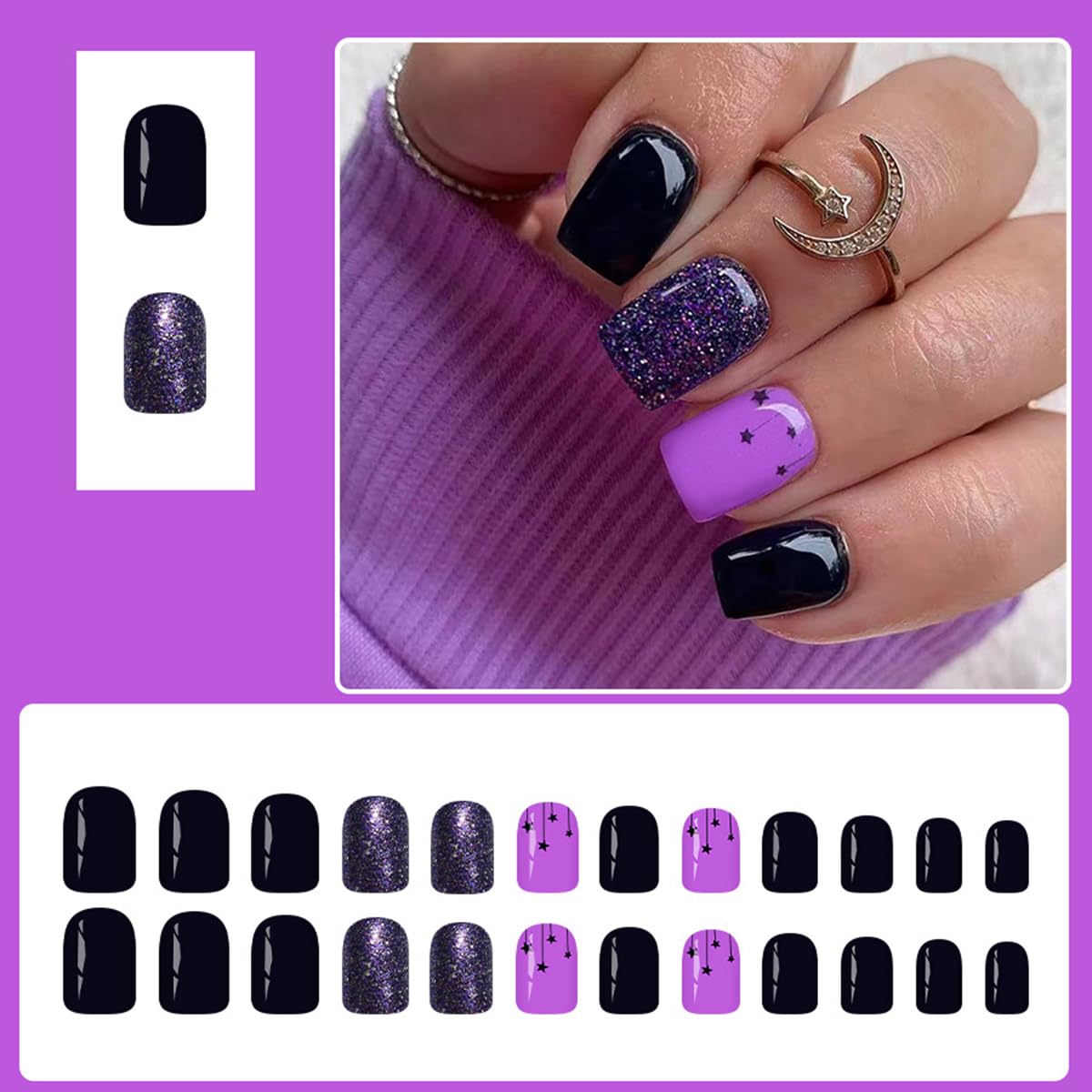 24Pcs Black Fake Nails QUNQINLI Short Square Press on Nails with Small Star Charms Designs Purple Glitter Nail Tip Kit Glossy Full Cover Glue on Nails Reusable Stick on Nail for Women Manicure