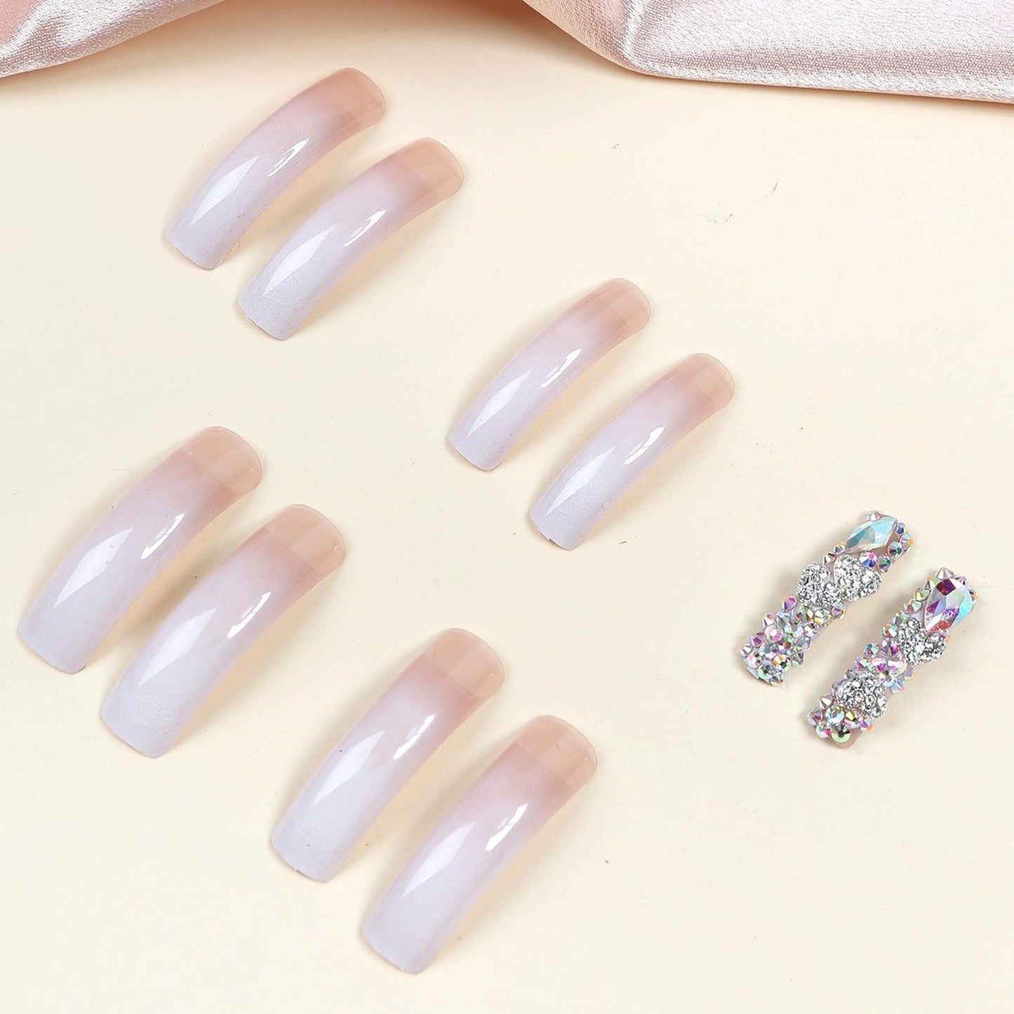 Curved Nail Tips Press on Nails with 3D Handmade Rhinestones Designs Long Curved Press on Nails Extra Long Square Curved Nails Full Cover Pink White Gradient False Nails for Women Nail Art