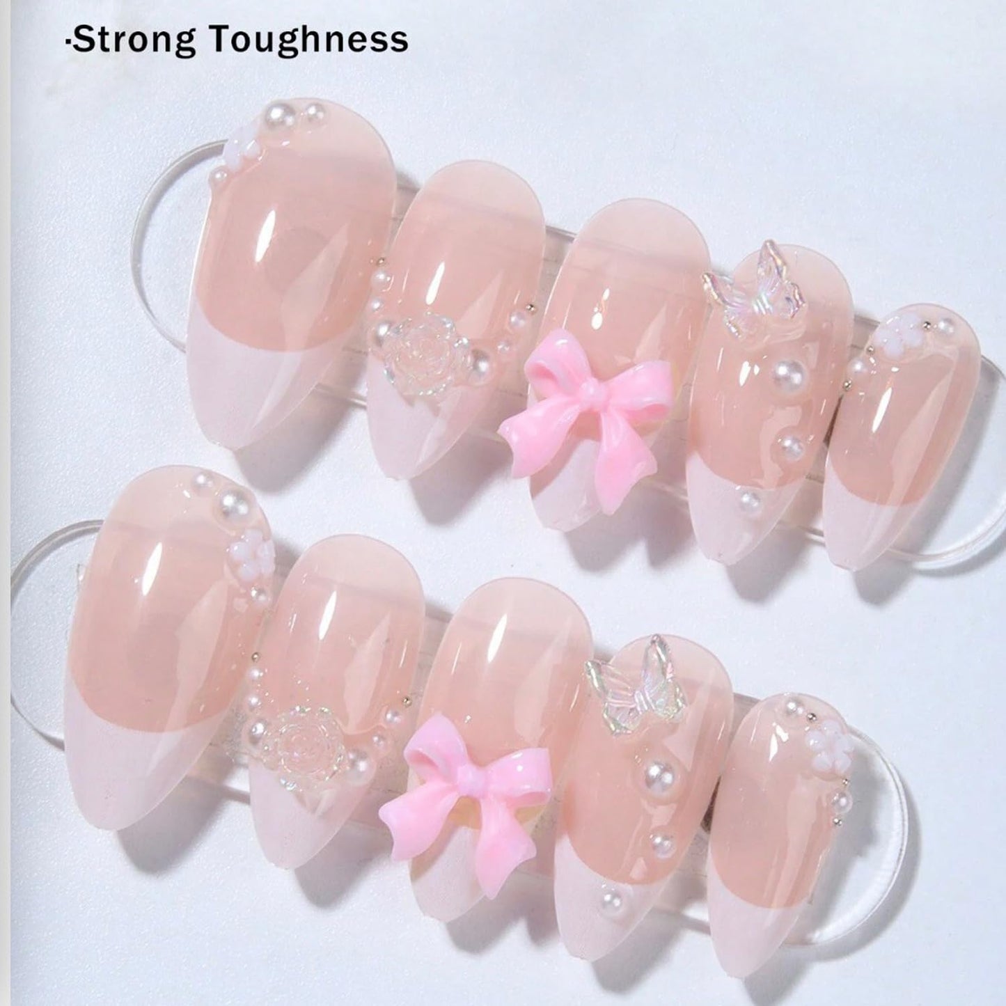 24Pcs French Tip Press on Nails Fake Nails with Aurora Butterfly Flowers Tulip Charms Designs False Nails Cute Press ons Pink Bow Stick on Nails Glossy Nude Acrylic Nails Glue on for Women Manicure