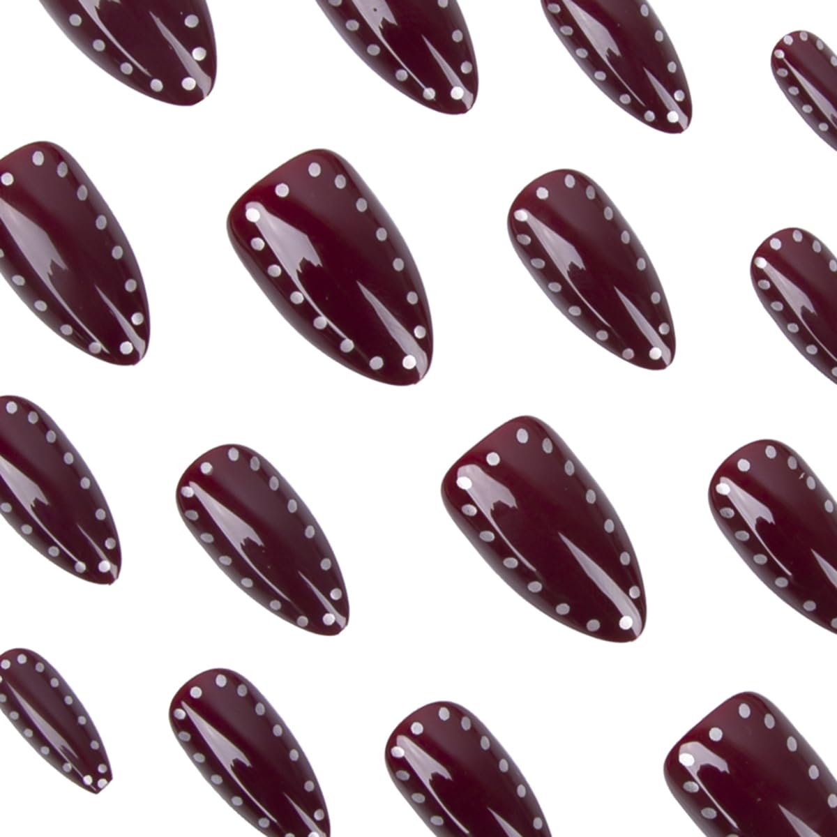 Dark Red Press On Nails - Medium Almond Acrylic Fake Nails with Silver Dots Designs,30Pcs Fall Winter Manicure Kit for Women Girls