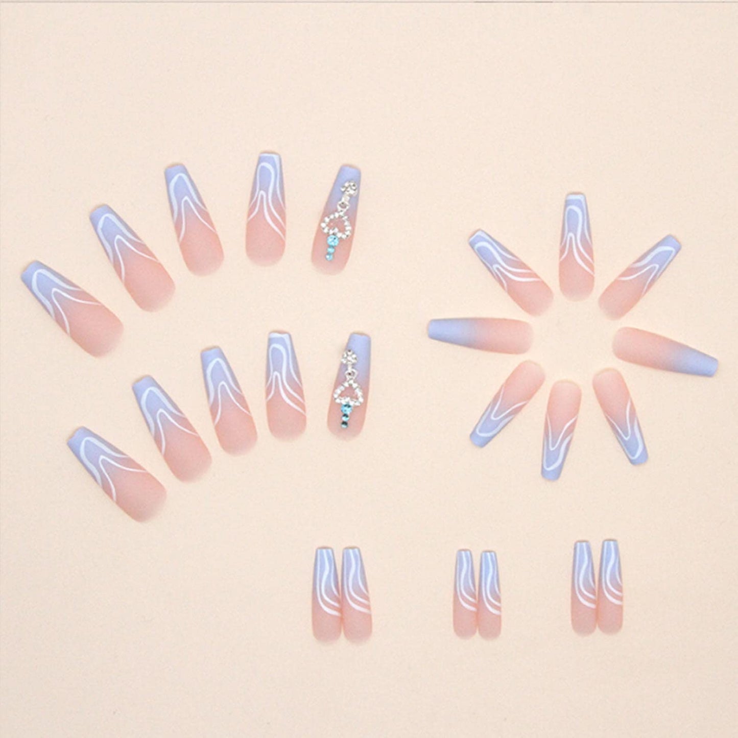 YoYoee Diamond Inlaid Manicure French Press on Nails Gradient Fake Nails Long Coffin False Nails Acrylics Full Cover Tips for Women and Girls 24PCS