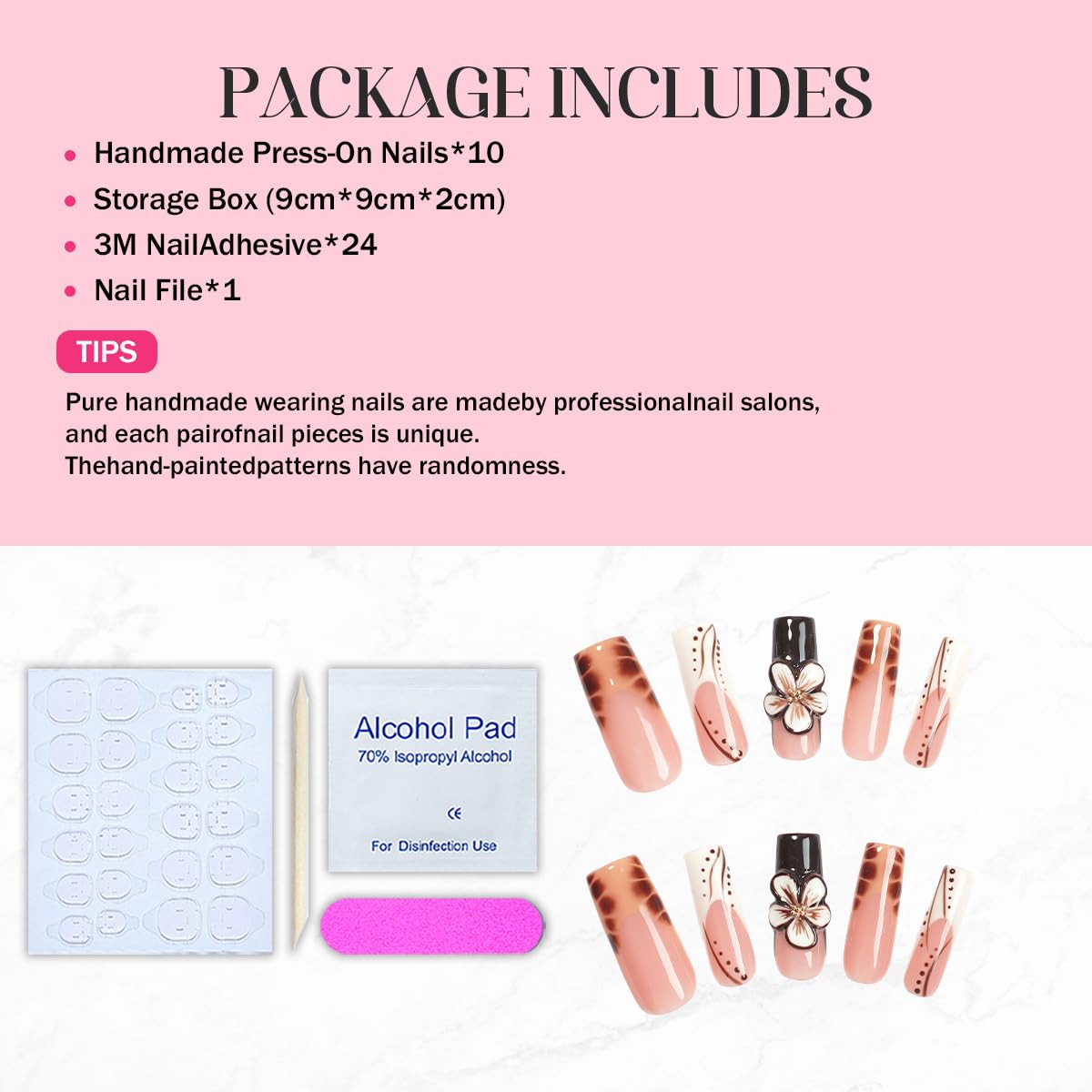 Flower Press on Nails - Long Square Handmade Press on Nails Thick Acrylic and Muti-Layer Gel False Nails 3D Floral Stick on Nails Leopard French Tip Fake Nails for Women DIY Art Decor (S)