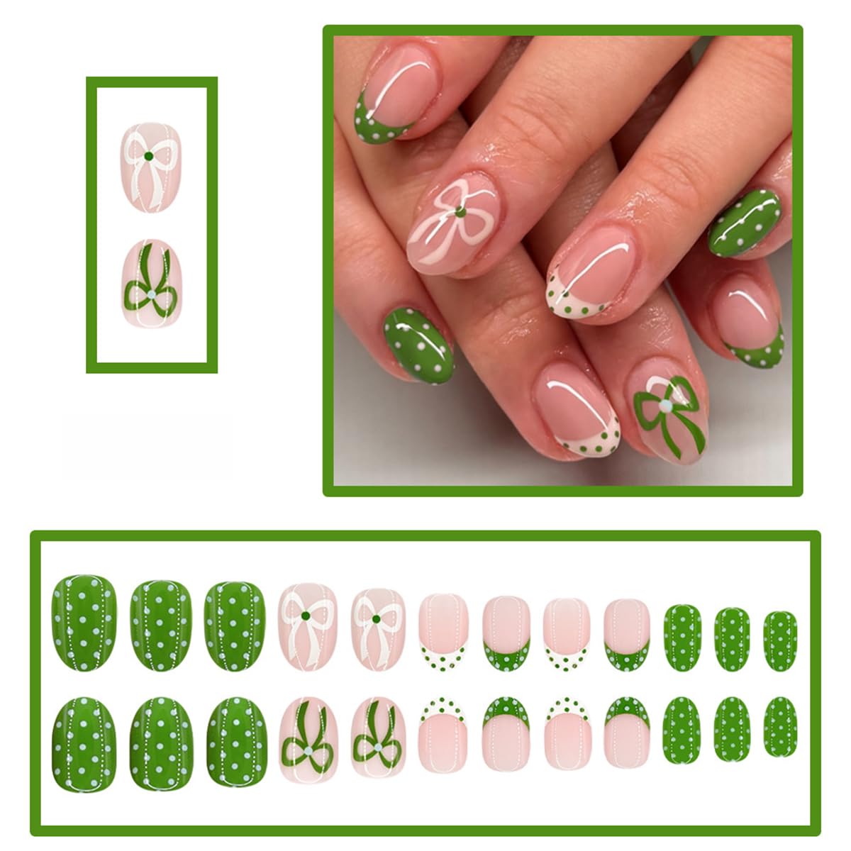24 Pcs French Tip Press on Nails Short Oval WLGDLH Summer Fake Nails, Green False Nails Press ons Nail Art Tips with Bow Polka Dots Design, Nude Base Glue on Nails for Women Manicure, Glossy Finish