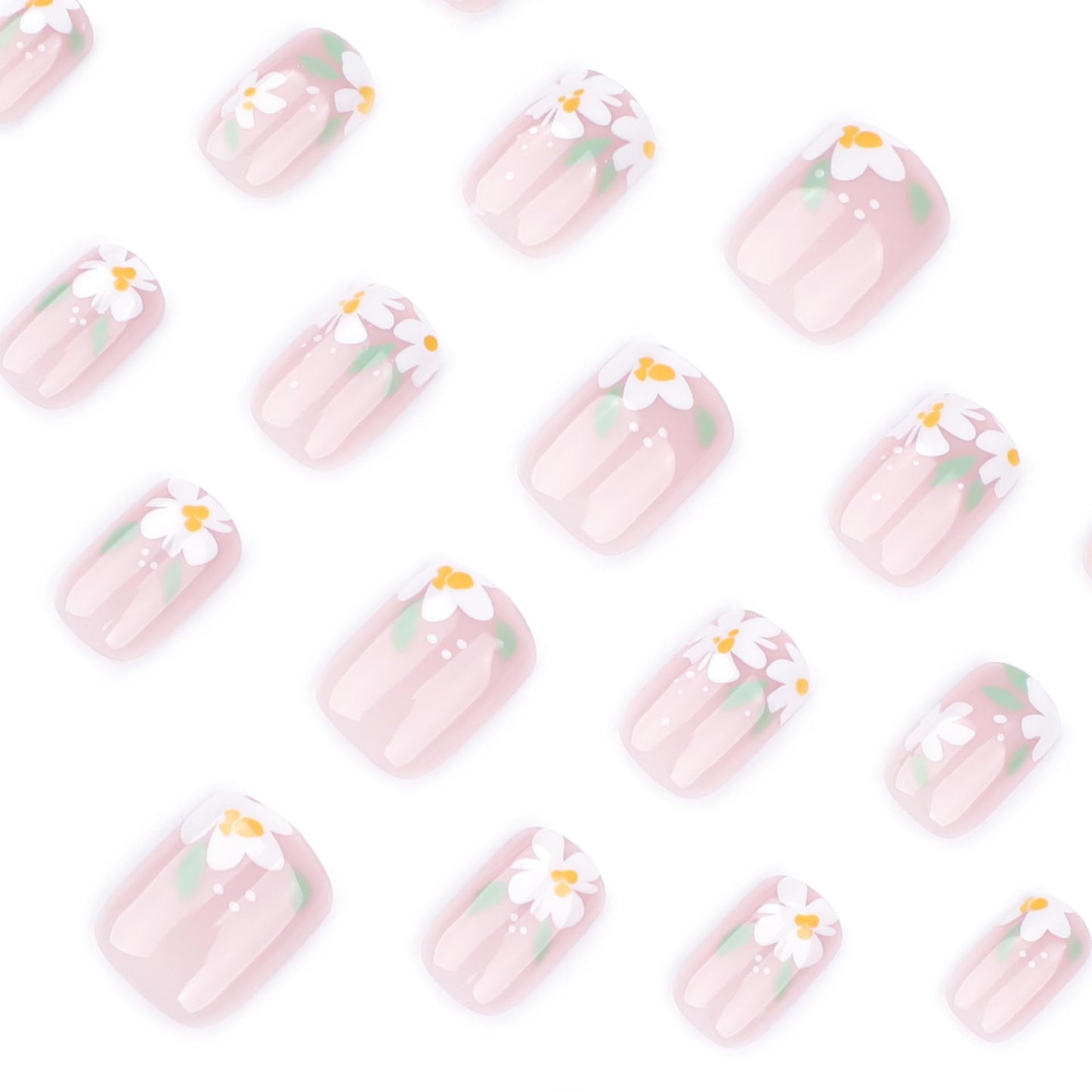 Stbisen Nude Pink Press On Nails Square Short, Daisy Flower Fake Nails with White Floral Design, Natural Glossy Finish Reusable Acrylic Nails, Glue On Nail Kit for Women, 24Pcs