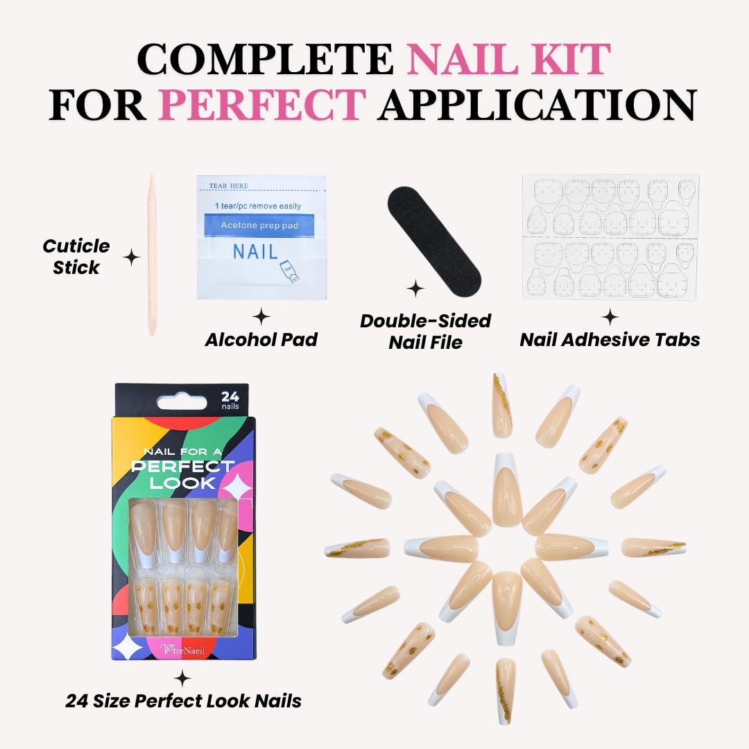 PerfectLook Press On Nails - Golden Ornament | No Glue Long Coffin French Gold Foil Nails with Glitter for Holiday - 24 Pcs Nail Kit with Adhesive Tabs