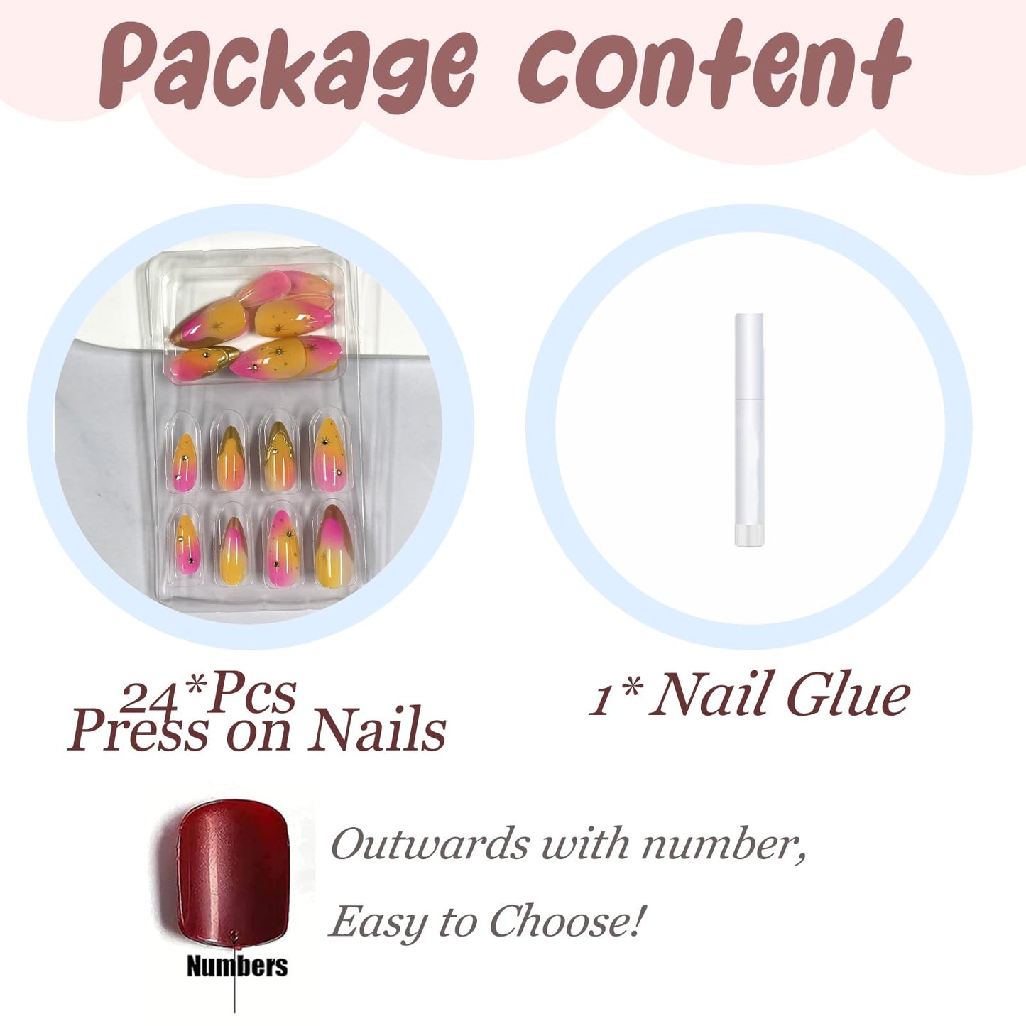 BABALAL Press On Nails, Medium Almond Fake Nails, Pink Orange Ombre With Gold Star Charm, Summer Bright Full Cover Glue On Nails For Women And Girls 24Pcs Reusable
