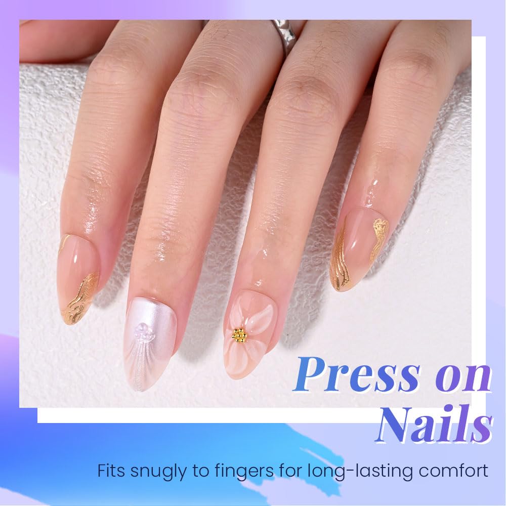 XZMeiLun 3D Pink Flowers Press on Nails Short Almond, Acrylic Fake Nails with 3D Gold Line White Pearls Floral Design, Reusable Glue-On Stick for Flower Fashion Nails for Women