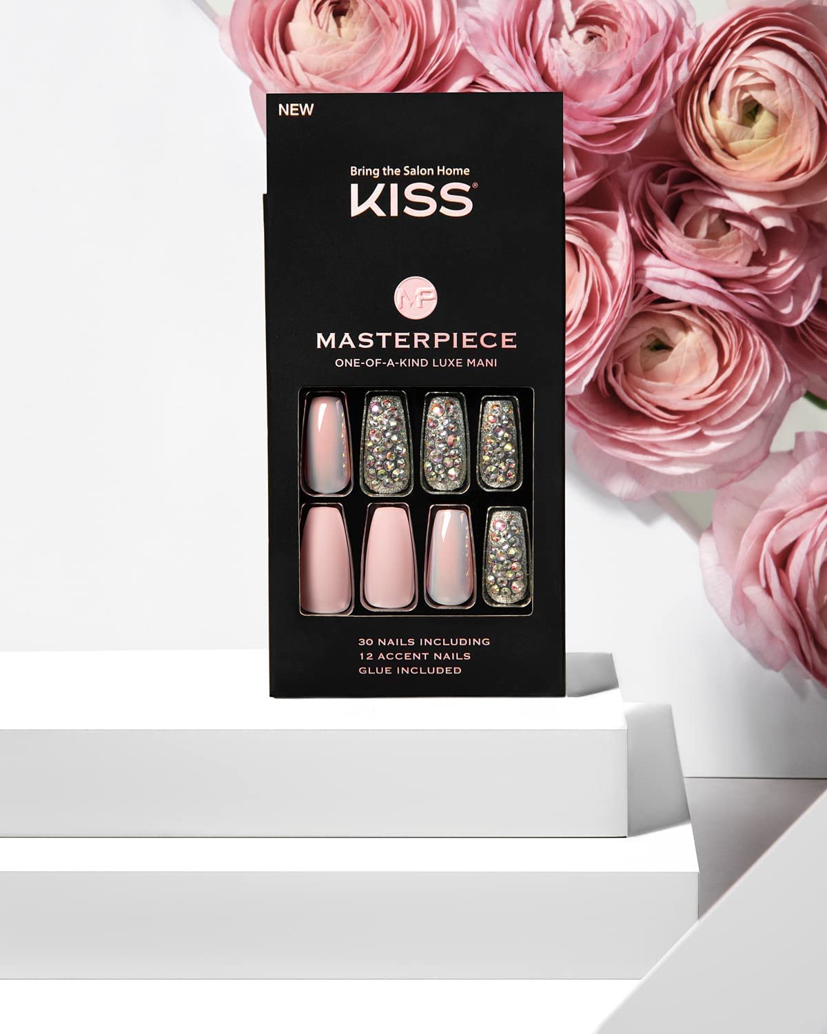 KISS Masterpiece One-Of-A-Kind Luxe Manicure, Premium Acrylic Fake Nails with Pink Gel Nail Glue, Manicure Stick, Mini Nail File, & 30 Glue On Nails Including 12 Accent Nails