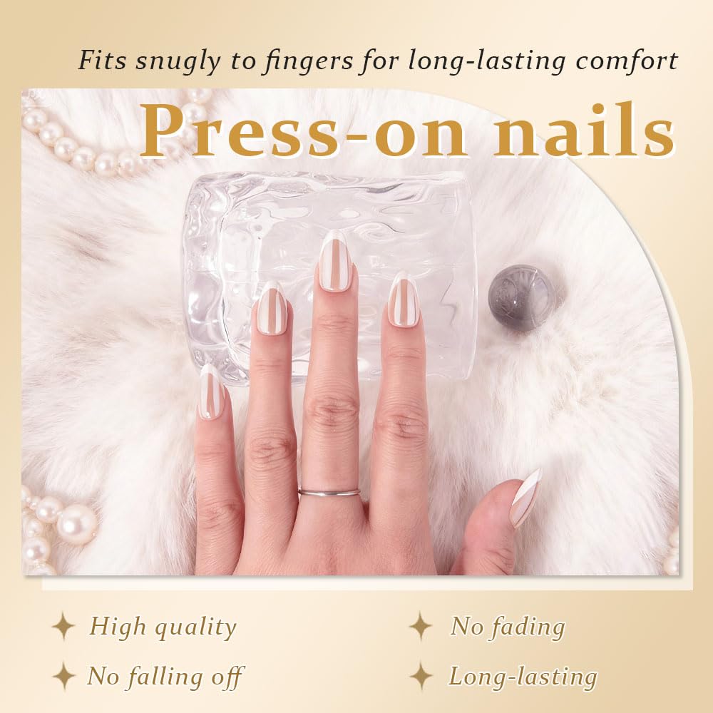 evpct French Tip Press On Nails Short Almond, Nude Brown + Wihte Tips, Chrome Glazed Glossy Short Almond Fake False Press on Nails, Reusable Gel Stick on nail Press ons Nail Kit, Salon Quality