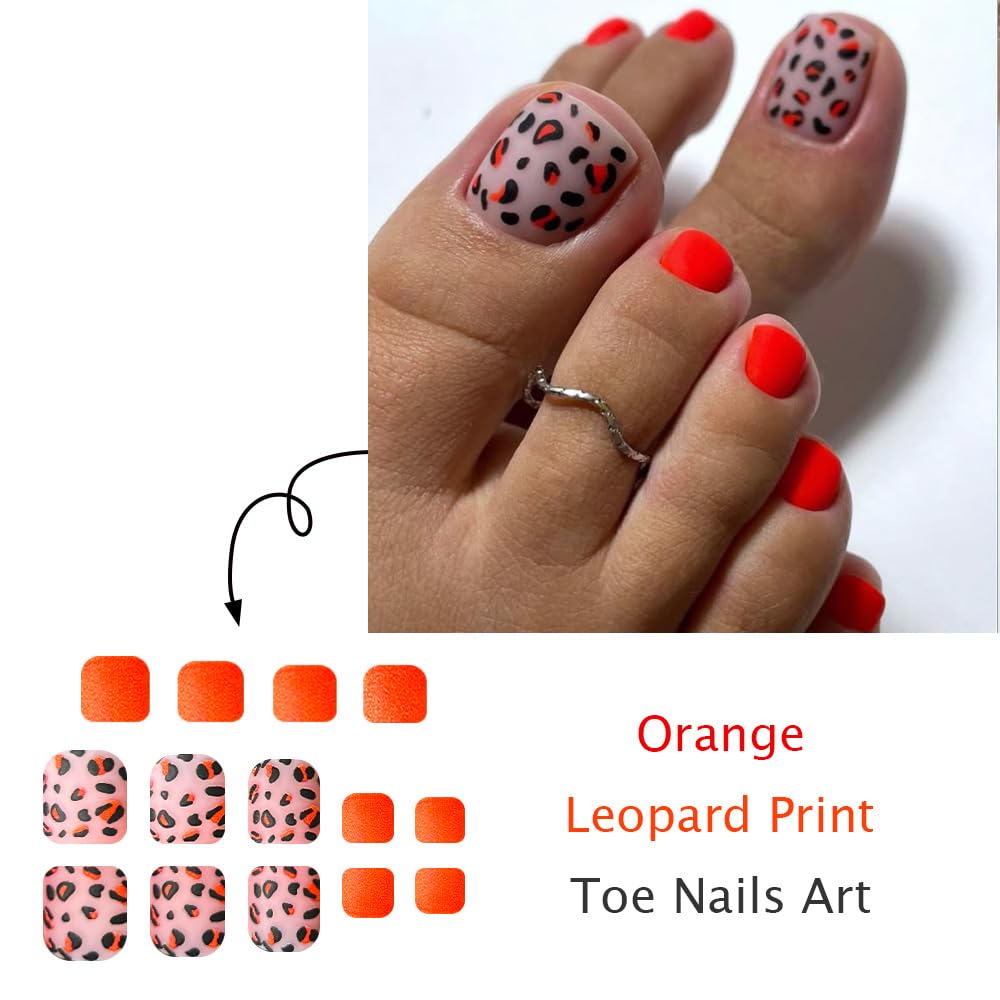 Red Press on Toenails Short Square False Toenails with Black Red Leopard Design Spring Stick on Toenail Glossy Summer Glue on Toenail Full Cover Red Fake Toe Nails for Women Girls Manicure 24Pcs