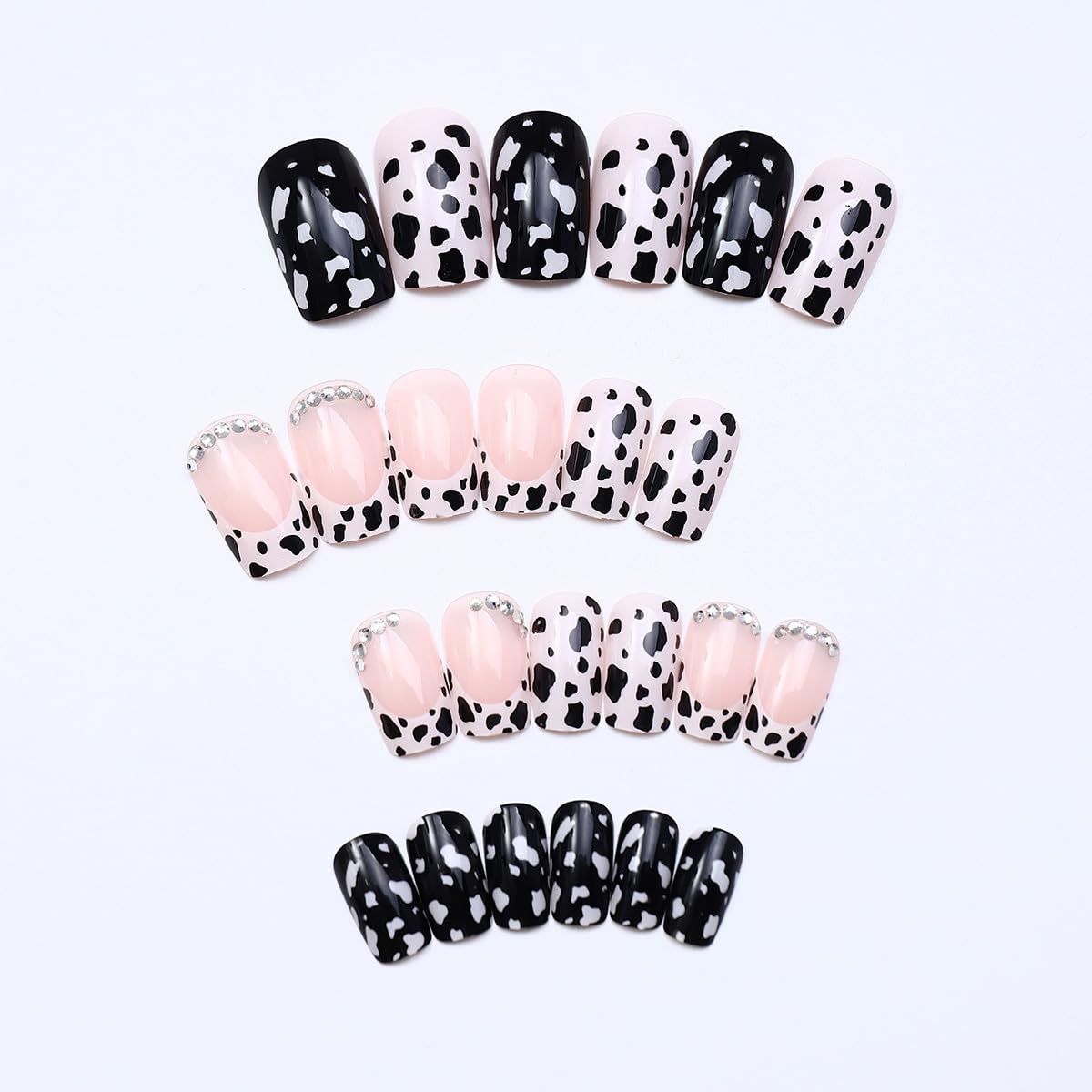 24Pcs Cow Press on Nails Short Square French Tip Fake Nails with Glitter Rhinestones Design Black White False Nails Full Cover Glue on Nails Glossy Leopard Cute Stick on Nails for Women DIY Acrylic