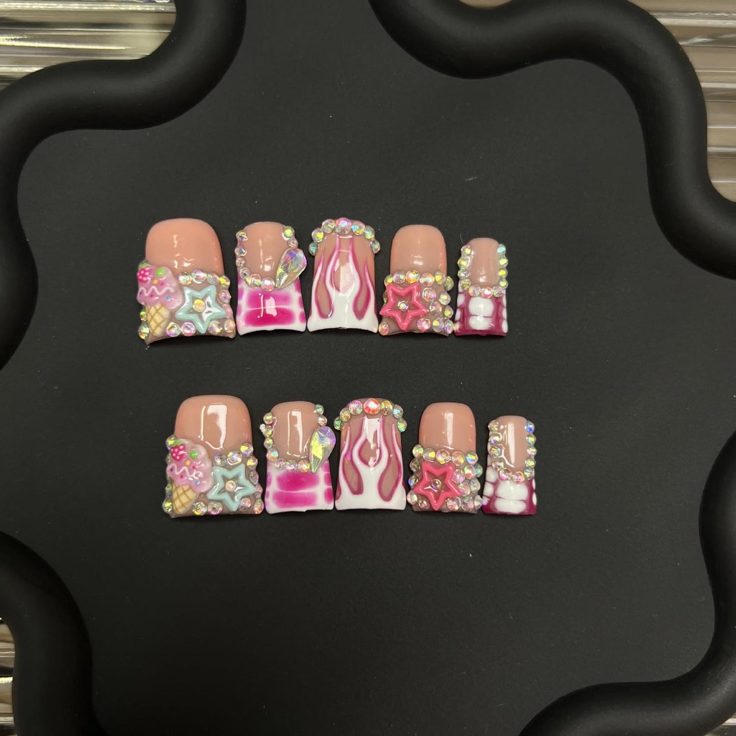 Handmade Press on Nails Short Duck 3D Rhinestones French Tip Thick Acrylic Fake Nails Pink False Nails with Cute Stars Ice Cream Designs Muti-Layer Gel Stick on Nail Art Press on Nail for Women（M)