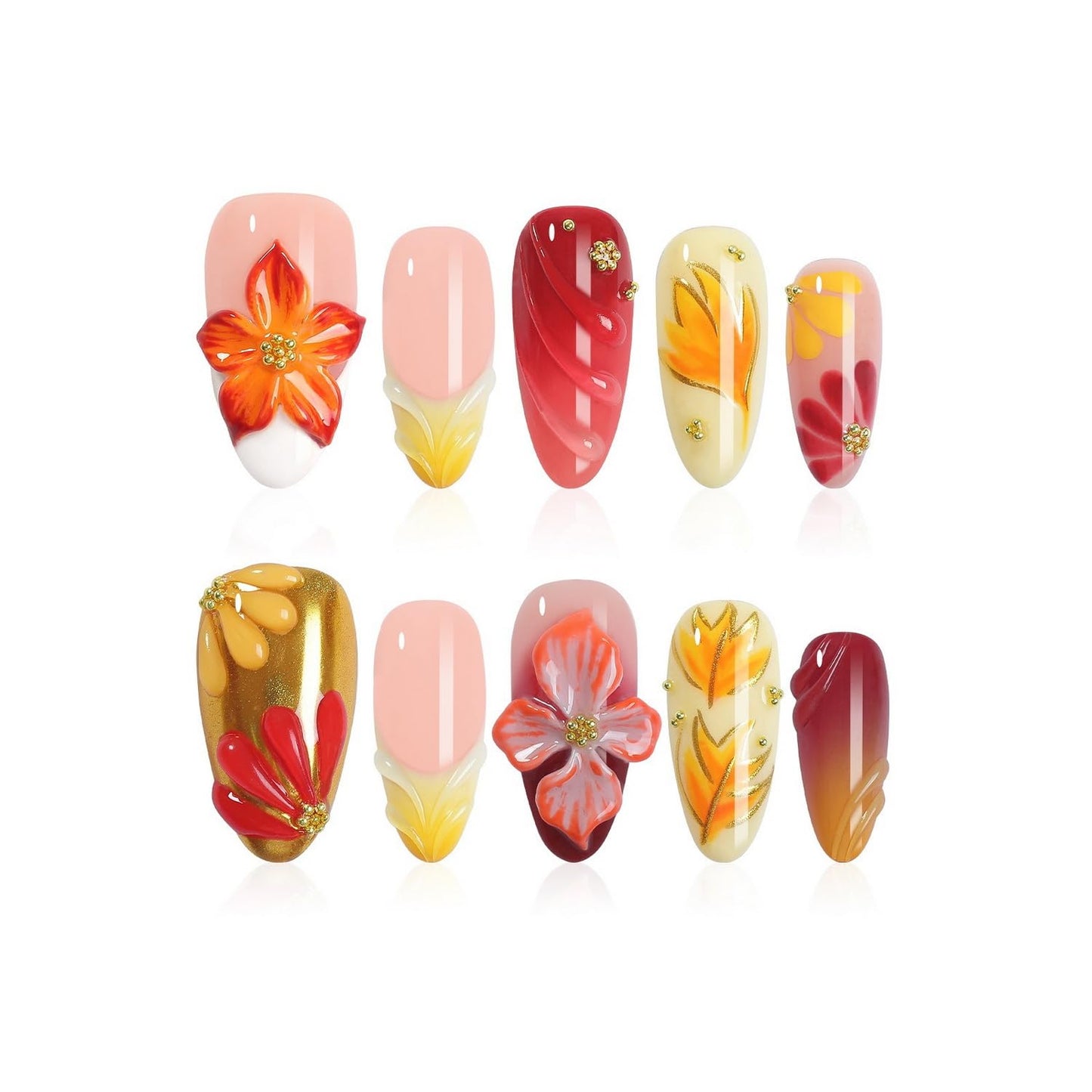 Handmade Press on Nails French Medium Almond Fake Nails with 3D Flower Pink Red Gradient Design Gold Maple Leaf False Nails for Girls Manicure Art Decoration Accessories (Size S)