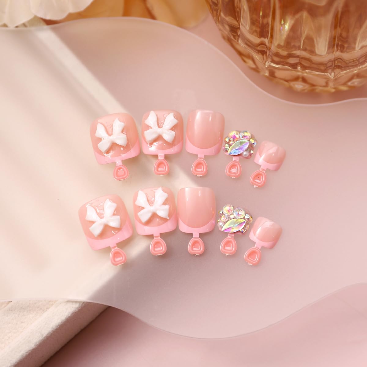 3D Bow Press on Toenails Short Square Fake Toenails French Tips Toe False Toenails Full Cover Pink Artificial Toe Nails with Rhinestones Design Stick on Toe Nails for Women Girls Manicure Art 24Pcs