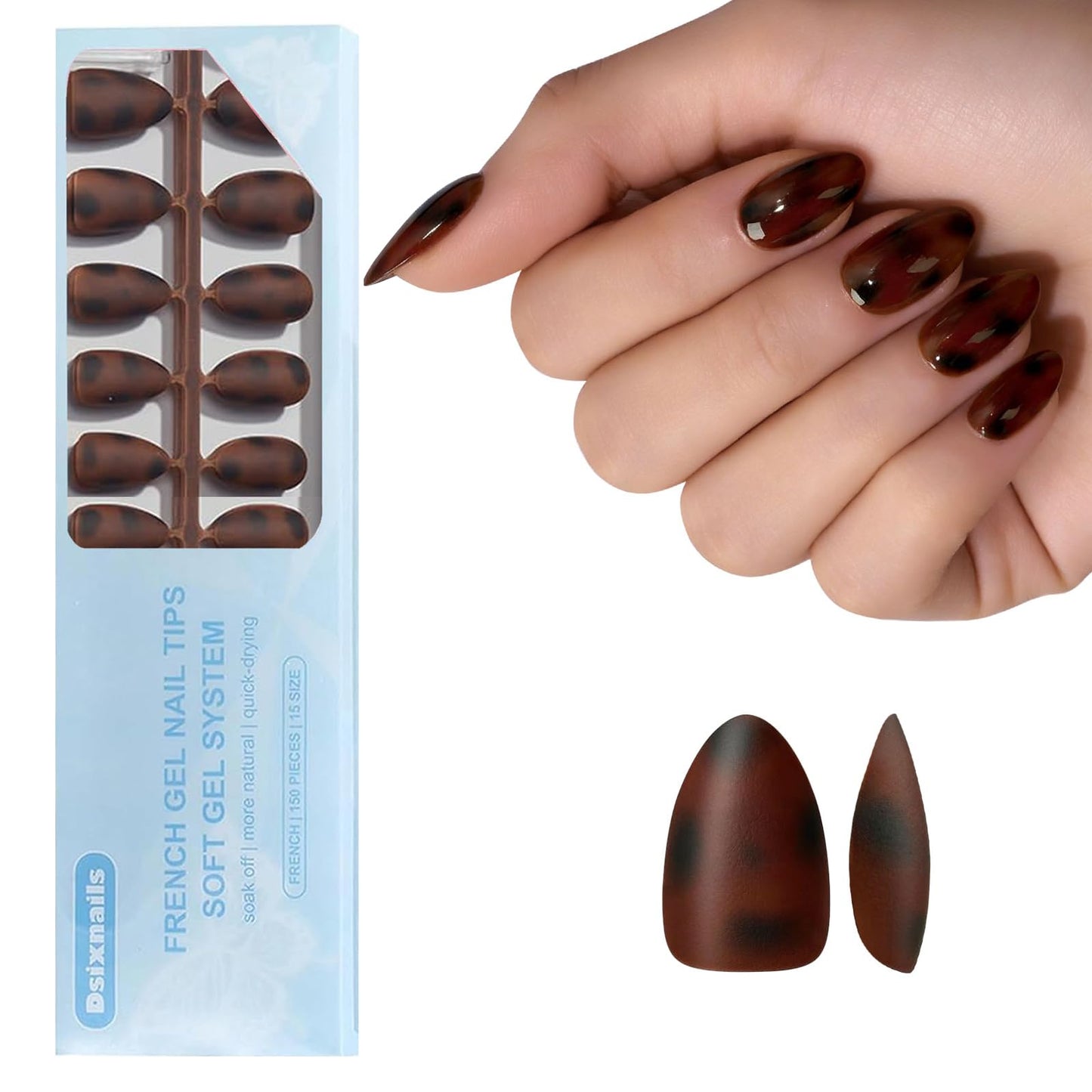 Dsixnails 150Pcs Tortoiseshell Short Almond Press on Nails, Soft Gel Nail Tips 15Sizes, Long Lasting Reusable Fake Nails, Salon Quality Soak Off False Nail Tips for Women Girl Festival Gift
