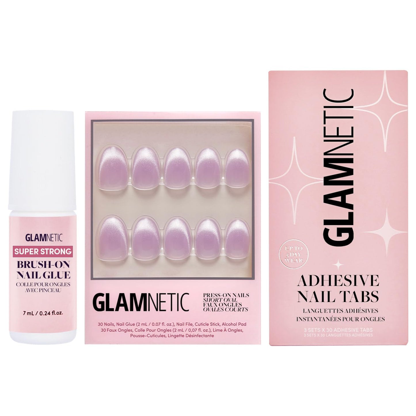 Glamnetic Press-On Nails - Fairy Dust | Super Strong Brush On Nail Glue & Nail Adhesive Tabs | Short Oval Beige-Pink Nails with a Velvet Metallic Finish | 15 Sizes - 30 Nail Kit