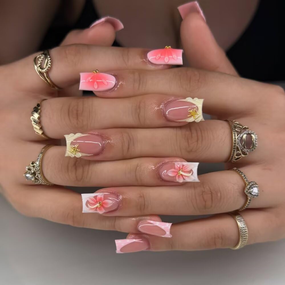 Spring Press On Nails MAGLFELL Handmade 10Pcs Short Fake Nails, 3D Carving Floral and Gold Plated Decoration Design, Reusable Acrylic Fingernail Salon Artificial Nails Kit (Size L)