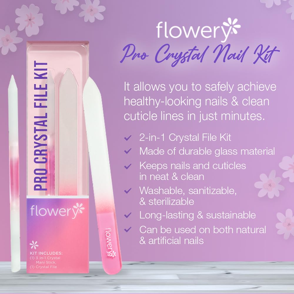 Flowery 's 3-in-1 Crystal Mani Stick and File Kit - Safely Achieve Healthy Nails & Clean Cuticle Lines - Includes Dual-Sided Nail Polish Prep Tool for Gel Nail Polish, Washable & Sterilizable