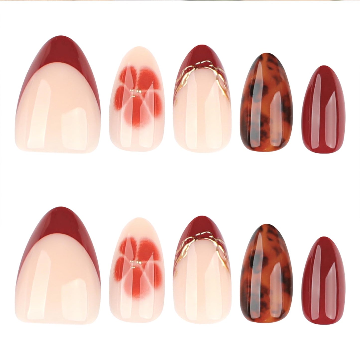 Stbisen French Short Oval Gel Press on Nails, Nude Fake Nails with Wine Red French Tip, Stick on Nails，Glue on Nails with Flower & Brown Tortoise Shell Design, Reusable Press on Nail for Women, 24PCS