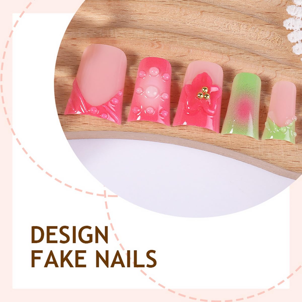 24Pcs Summer Press on Nails Short Duck Fake Nails Pink Green French Tip False Nails with 3D Flower Dewdrop Design Glitter Gold Gems Artificial Stick on Nails Full Cover Glue on Nail for Women Manicure