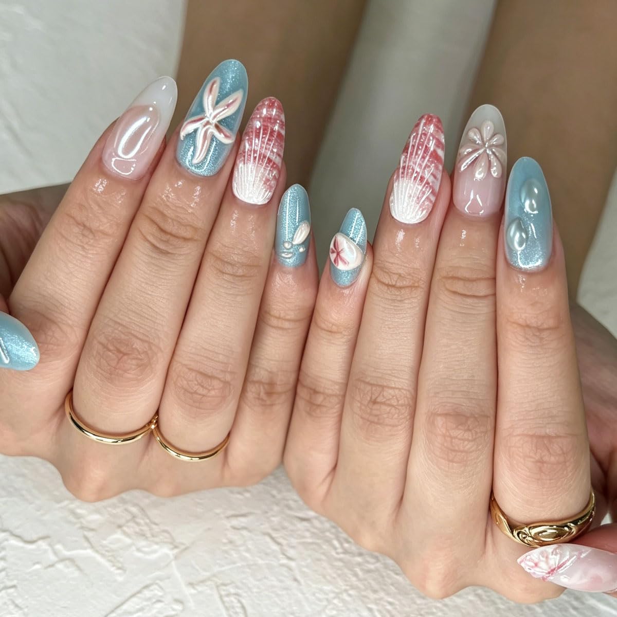 3D Press On Nails Almond Medium Light Blue Fake Nails with Cat's Eye Embossed Marine Life Summer Beach Designs, Acrylic Artificial Nail Press ons False Stick On Nails for Women Girls 30Pcs