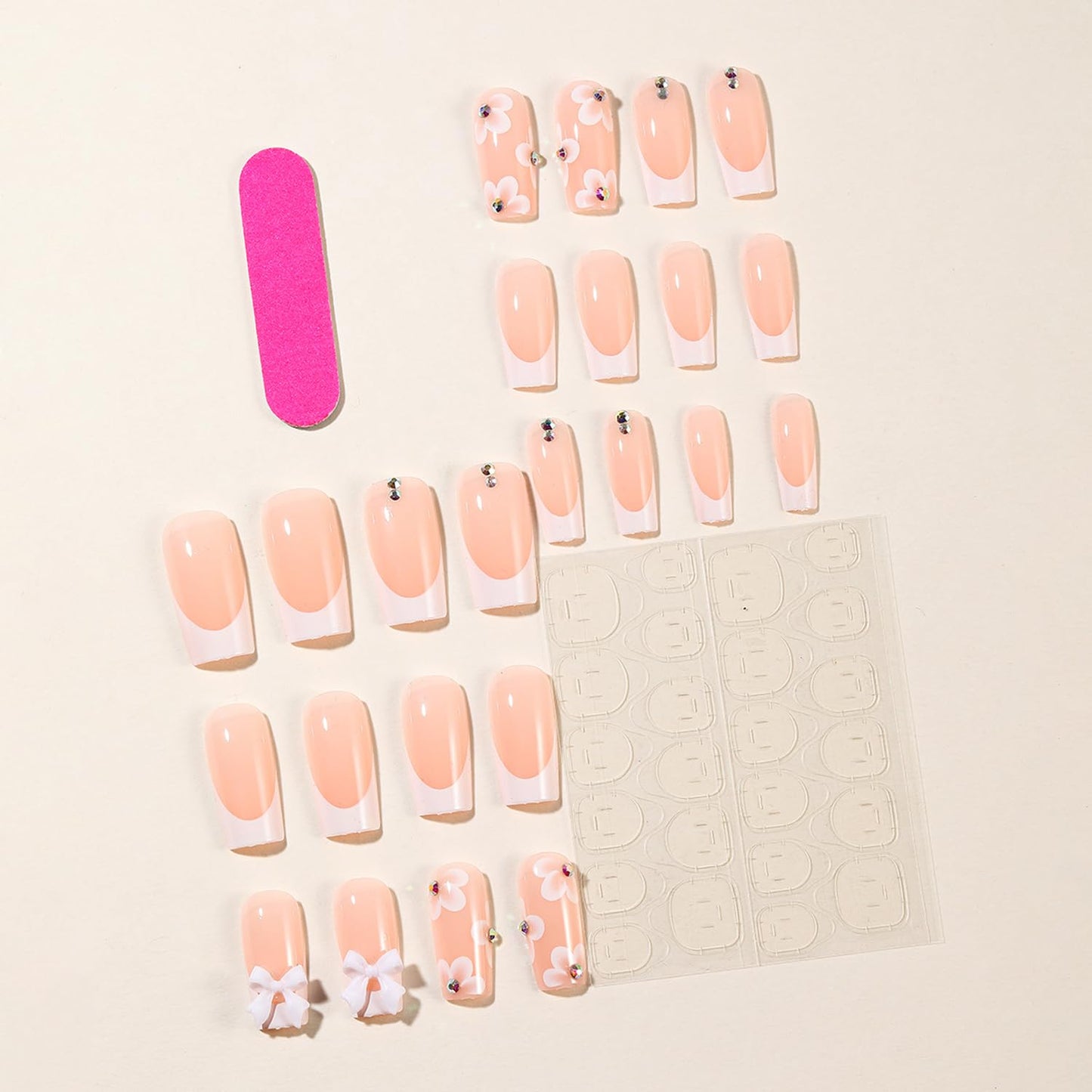 24pcs French Tip Press on Nails Medium Length Fake Nails Flower with 3D Flower Bow Charms Acrylic Nails Press ons Design Glossy Pink False Nails Cute Stick on Nails for Women Manicure Tips