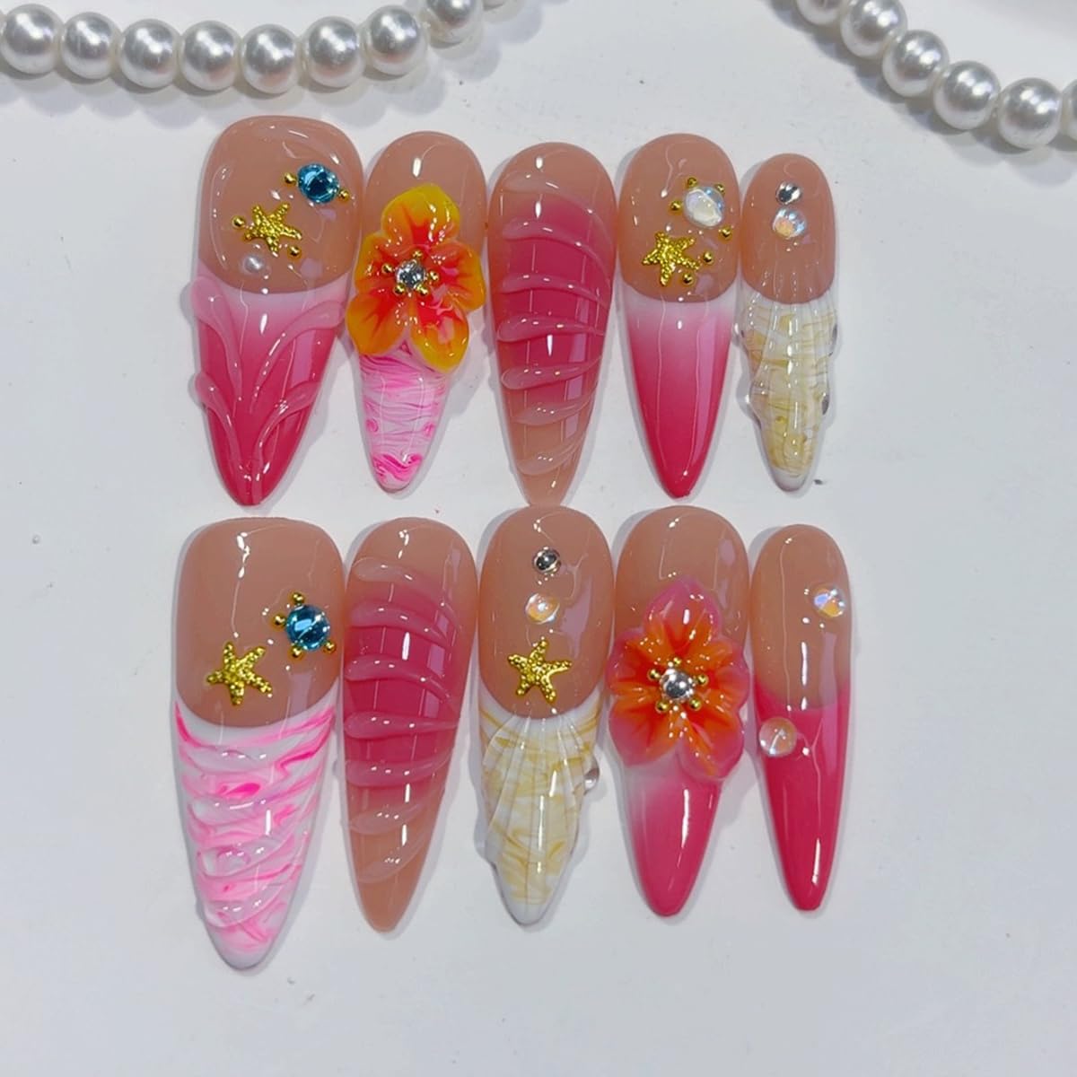Handmade Press on Nails Long Stiletto False Nails Pink French Tip Fake Nails with 3D Flower Beach Designs Sparkly Charm luxury Artificial Nails for Women 10Pcs (Size M）