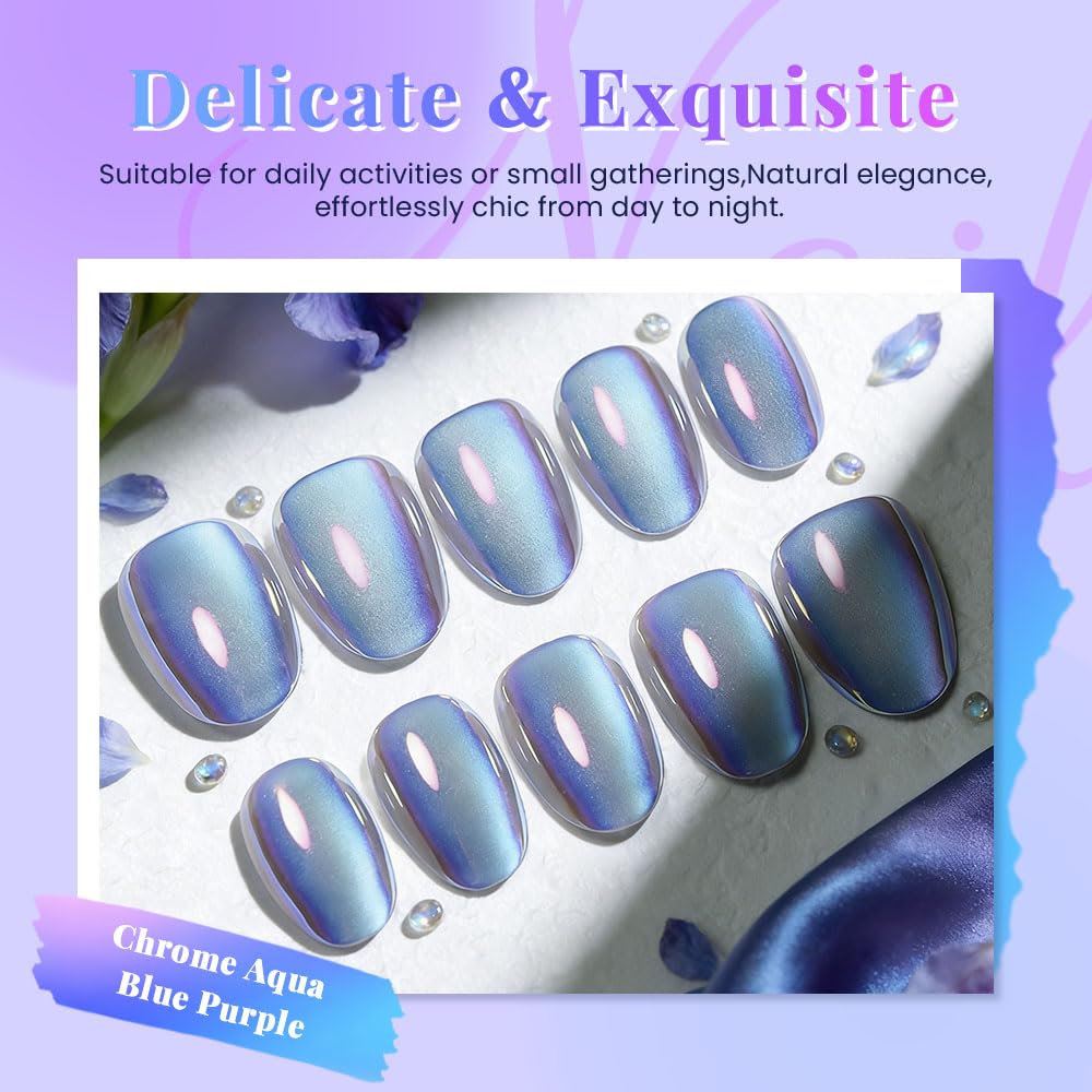evpct Aqua Blue Cat Eye Chrome Press on Nails Short Oval No Glue with Aurora Design, Purple Holographic Short Oval Stick on Nails for Women Gift, Glossy Cat Eye Effect, Perfectly Fit Salon-quality