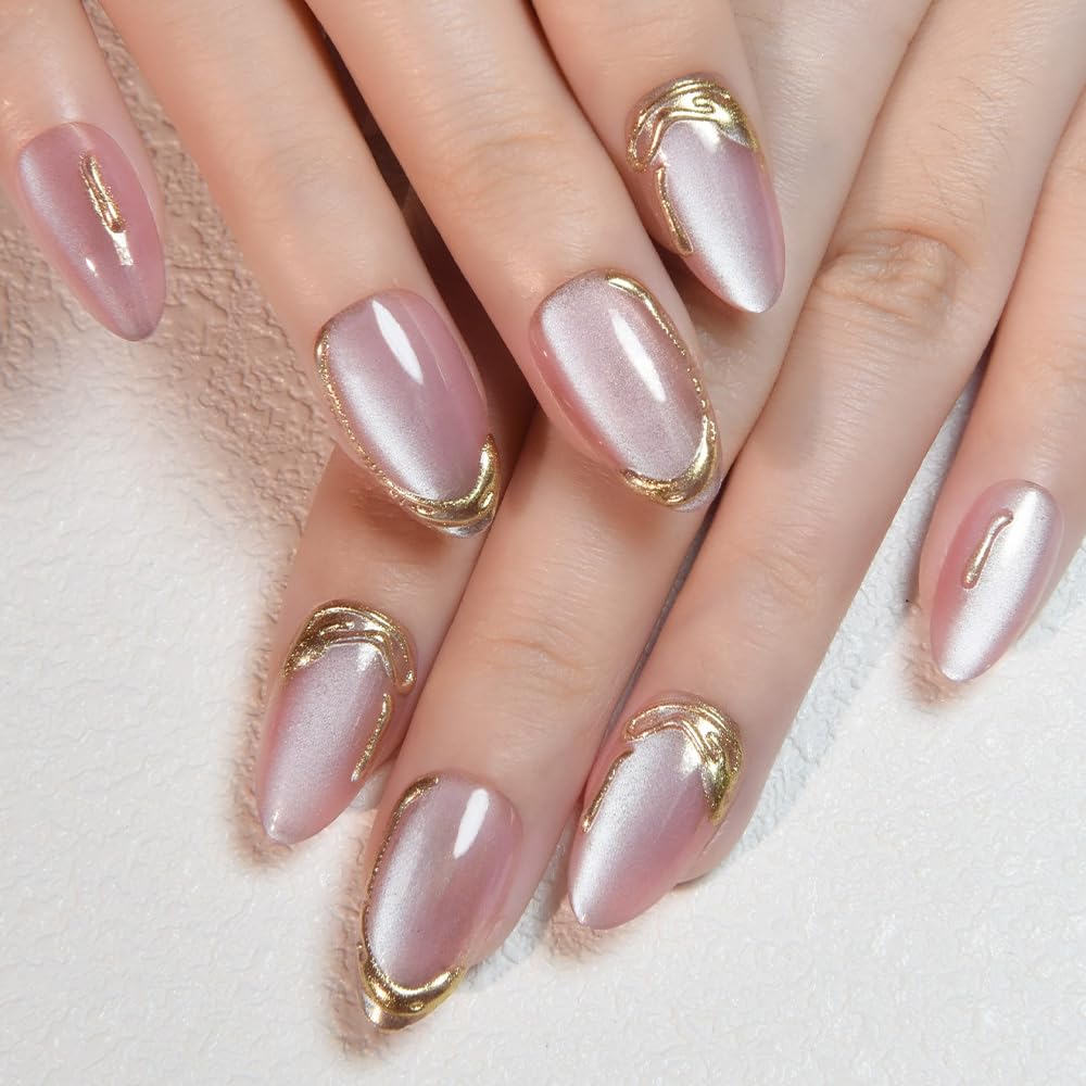 evpct Pink Cat Eye Press on Nails Short Almond with Gold Liner Design, Gold French Tip Stick on Nail for Women Gift with Kit, Reusable Full Cover Soft Gel Press on Fake Nail with Cat Eye Design