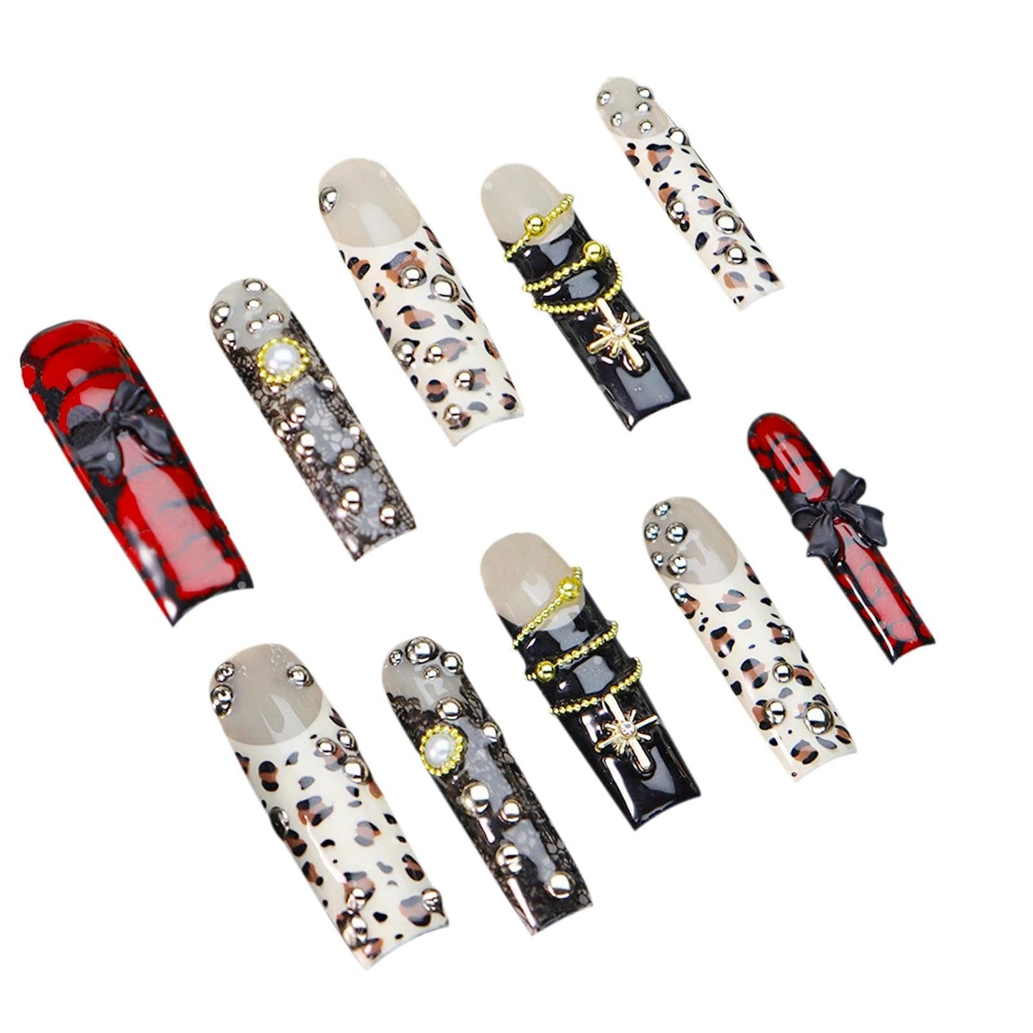 Handmade 3D Punk Retro Leopard Rivet Stiletto Press On Nails, Sweet Cool Rhinestone Artisan Nails Set, Reusable Glossy Press-ons with Tool Kit(S)