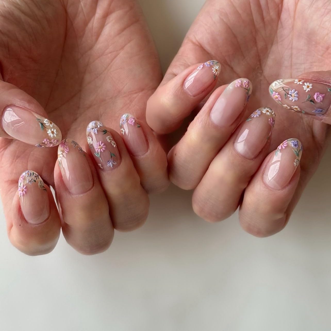 Flower Press on Nails Short Almond Spring Fake Nails with Embossed Flowers Designs Summer False Nails Gel Artificial Fingernail Cute Acrylic Nail Natural Full Cover Stick on Nails for Women 24Pcs