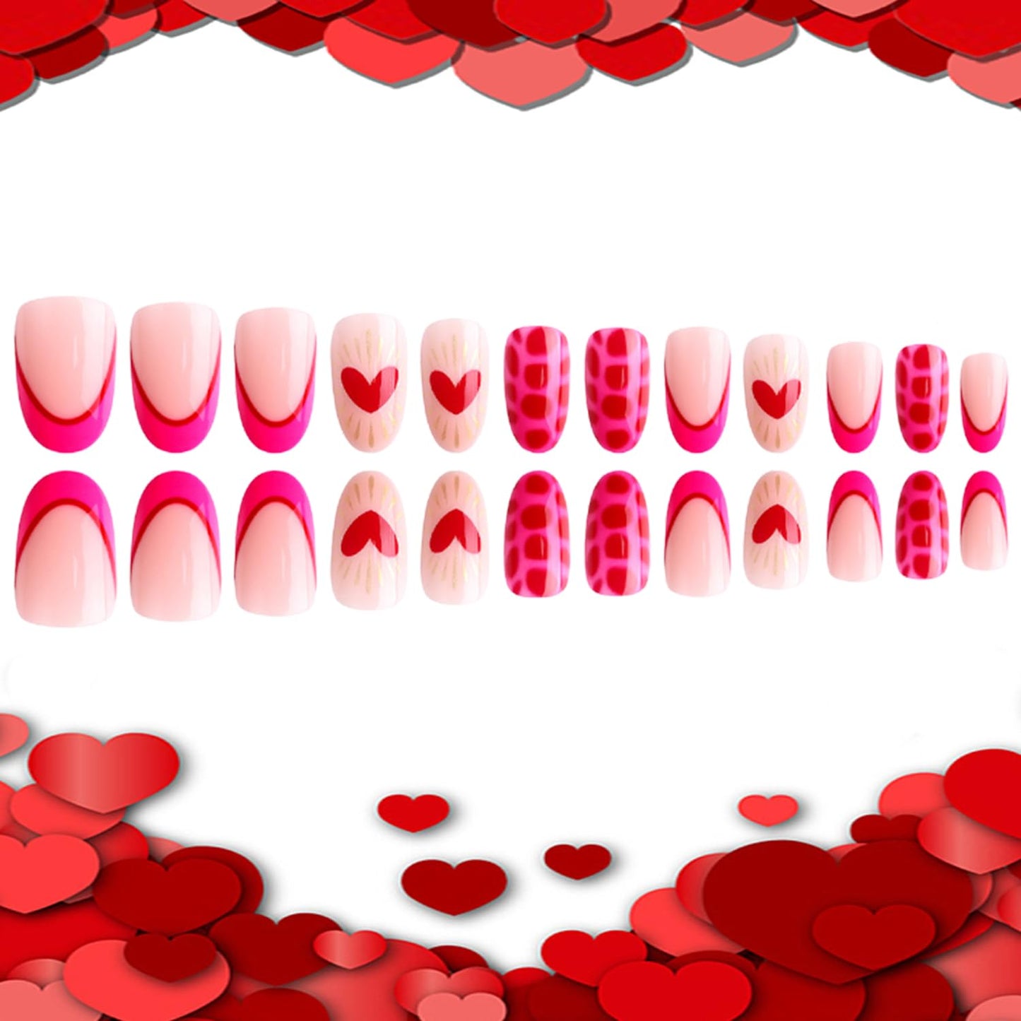 CJDLTS 24Pcs Valentines Press on Nails Short Artificial Acrylic False Nails Oval French Red Love Fake Nail Full Cover Leopard Print Reusable Coffin Artificial Fingernails for Women Festival Manicure