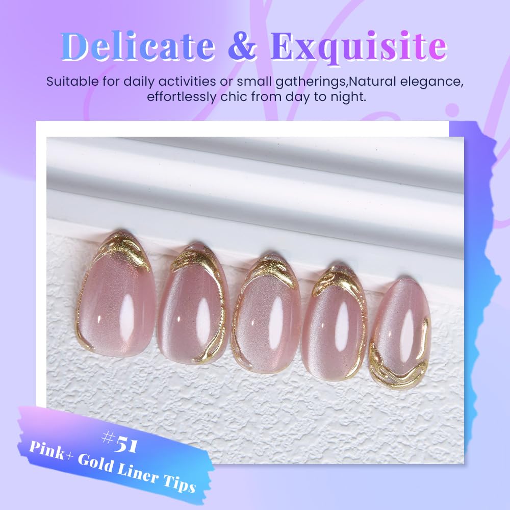 evpct Pink Cat Eye Press on Nails Short Almond with Gold Liner Design, Gold French Tip Stick on Nail for Women Gift with Kit, Reusable Full Cover Soft Gel Press on Fake Nail with Cat Eye Design