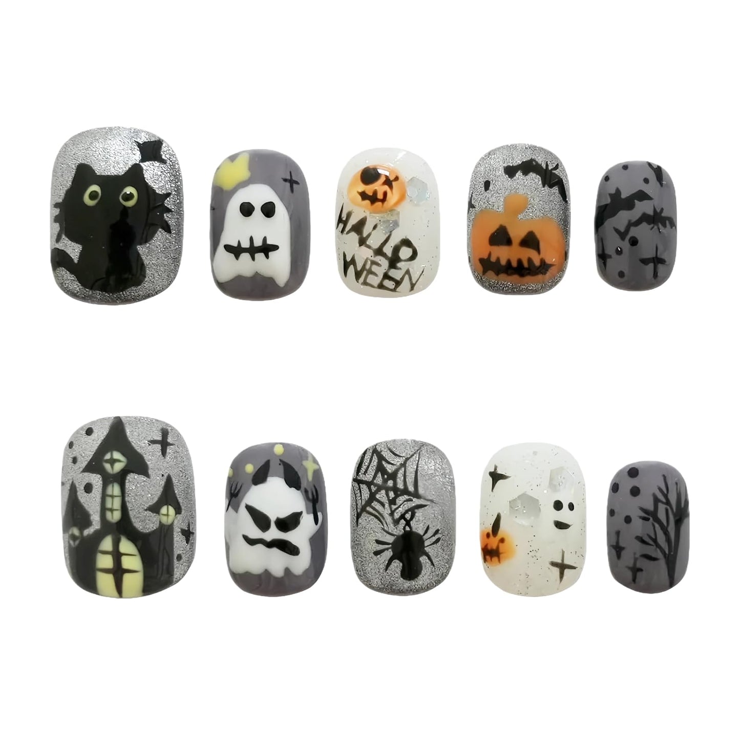 Grey Glitter Press on Nails Short Square - Handmade 3D Cartoon Ghost & Cat Design, Luxury Y2k Fake Nails, Reusable Multi-Layer Gel Nails Art (Autumn Haunted Story,S)