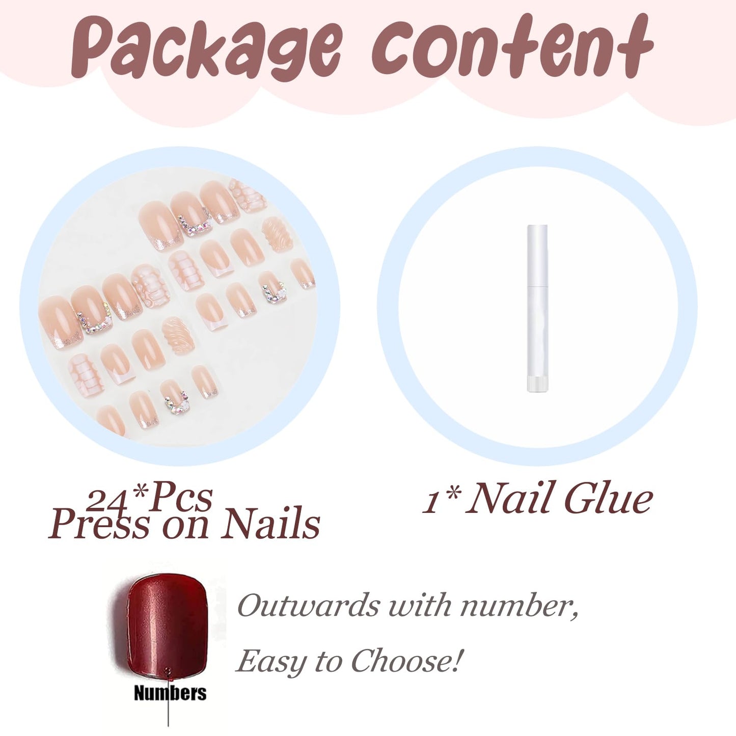 BABALAL Acrylic Press on Nails Short Square Fake Nails with Glue White French Tip 3D Texture Handmade Design False Nails Supplies with Charm Bling Press-ons 24Pcs Squoval for Women Girls